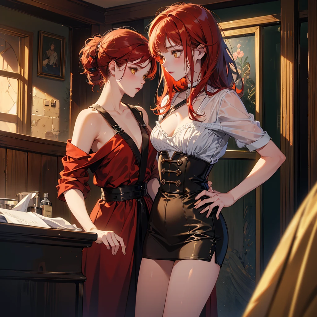 2girls, (one is a female elf, short red hair, blue eyes, curvy body, full pouty lips, off the shoulder black mini dress, black high heels) (other one is a female elf, short blonde hair, blue eyes, slim body, full pouty lips, black lace mini dress, black heels) Dancing super close at a dance night club, facing each other, kissing passionately, lips pressed together