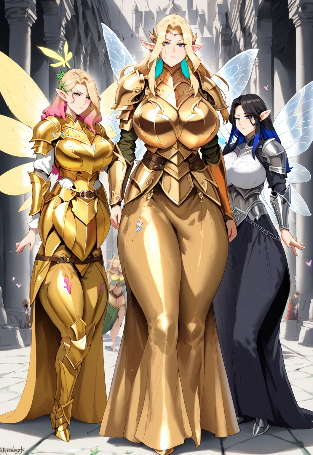 ((2heads)), ((double cleavage)), sakuya, magicpunk style, incredibly absurdres, concept art, best quality, perfect lighting, illustration, vanishing point, sitting, looking at viewer, mature male character, 1boy, (no mouth:1.3), male focus, masculine, green hair, Dyed Bangs, sparkling eyes, wearing (fantasy style crotch plate and shin guards:1.1), field of wheat, finely detailed background, amazing background