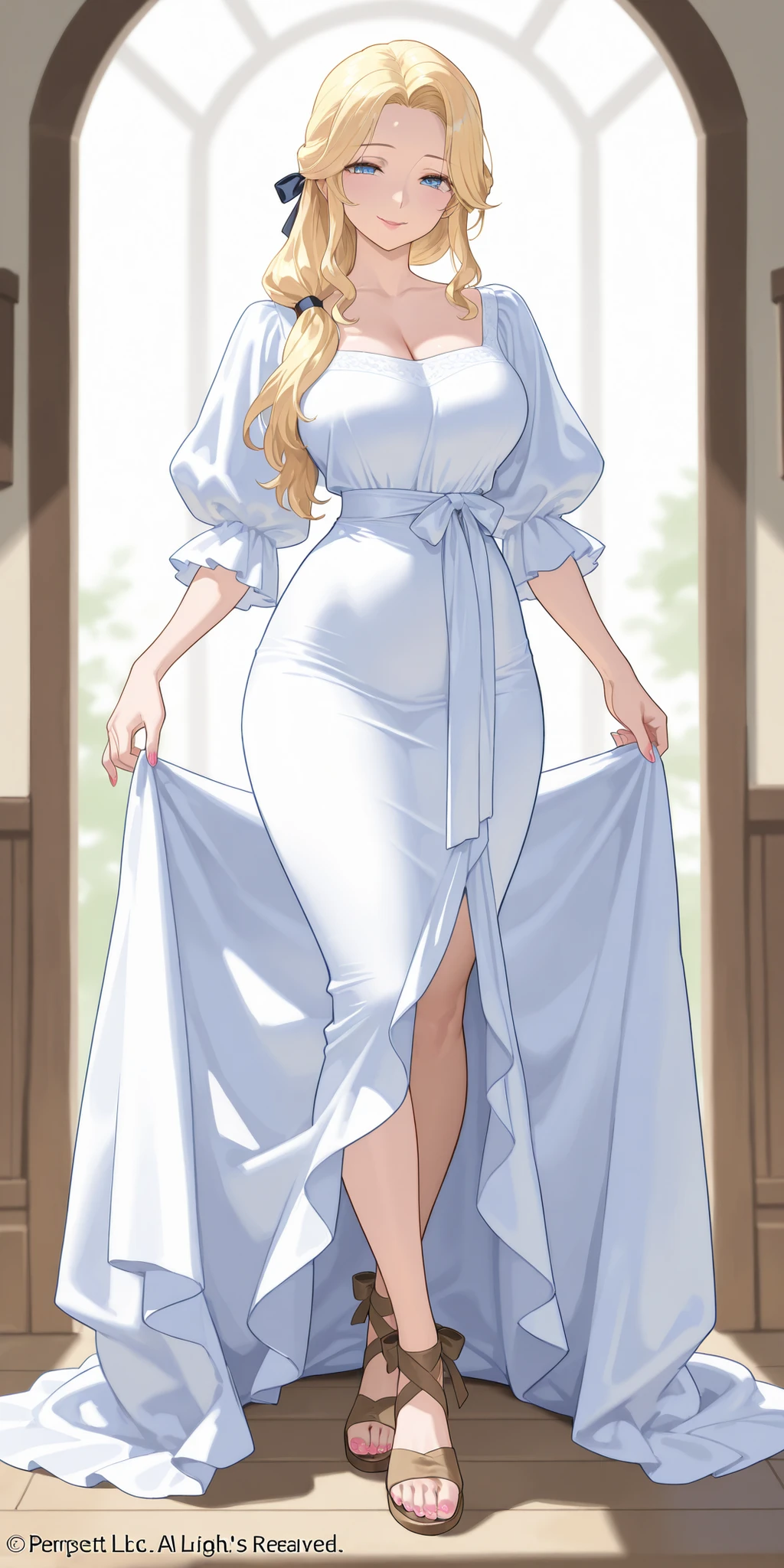 A mature extremely beautiful woman with blond hair, extremely fair white natural skin, big blue eyes, red plump glossy lips, pink nails, a small waist, and a perfect slim yet curvy body. She's only wearing a long ankle-length white gown with puffy sleeves, hair ribbon, a housewife hairstyle, and brown sandals. She's standing straight, softly smiling, and a village is in the background. Show her full body.