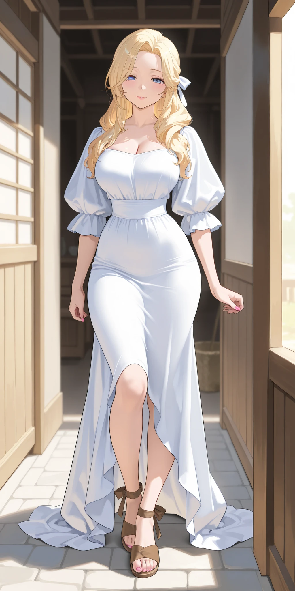 A mature extremely beautiful woman with blond hair, extremely fair white natural skin, big blue eyes, red plump glossy lips, pink nails, a small waist, and a perfect slim yet curvy body. She's only wearing a long ankle-length white gown with puffy sleeves, hair ribbon, a housewife hairstyle, and brown sandals. She's standing straight, softly smiling, and a village is in the background. Show her full body.