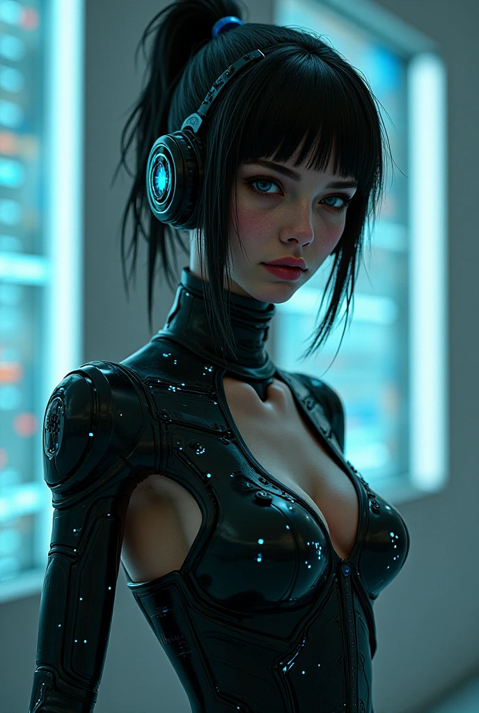 Limda mulher com (human head wearing black suit | cyborg head wearing black suit:1.2), parte superior do corpo, HDR , cinematic lighting