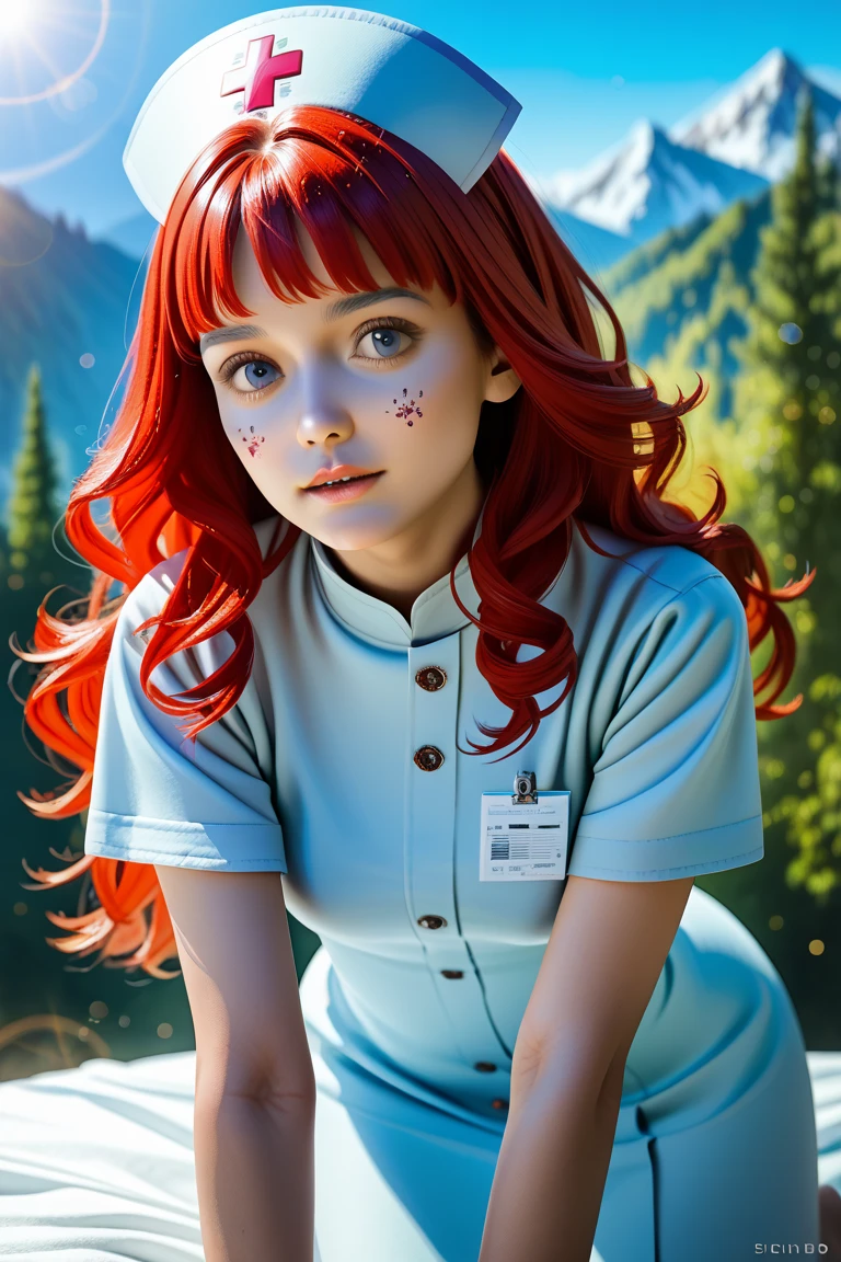 A girl with red hair with curls and very short. One right eye is yellow and the left one is blue and she has the my hero academia uniform. She measures 1,69,and have a nice pose