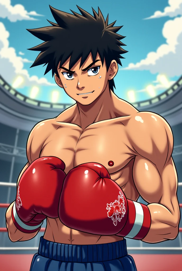 an anime boy training boxing, focused expression, determined, sweat drops, muscular build, boxing gloves, shorts, t-shirt, bobbed hair, handsome, intense training session, boxing ring, sunny outdoor background, chiseled jawline, prominent veins, sweat glistening on body, anime style shading and outlines, high resolution, ultra HD, 4K, realistic texturing, (masterpiece:1.0), (best_quality:1.0), ultra-detailed, CG art, dynamic pose, powerful stance, intense action, sweat dripping off nose, determined gaze into the distance.