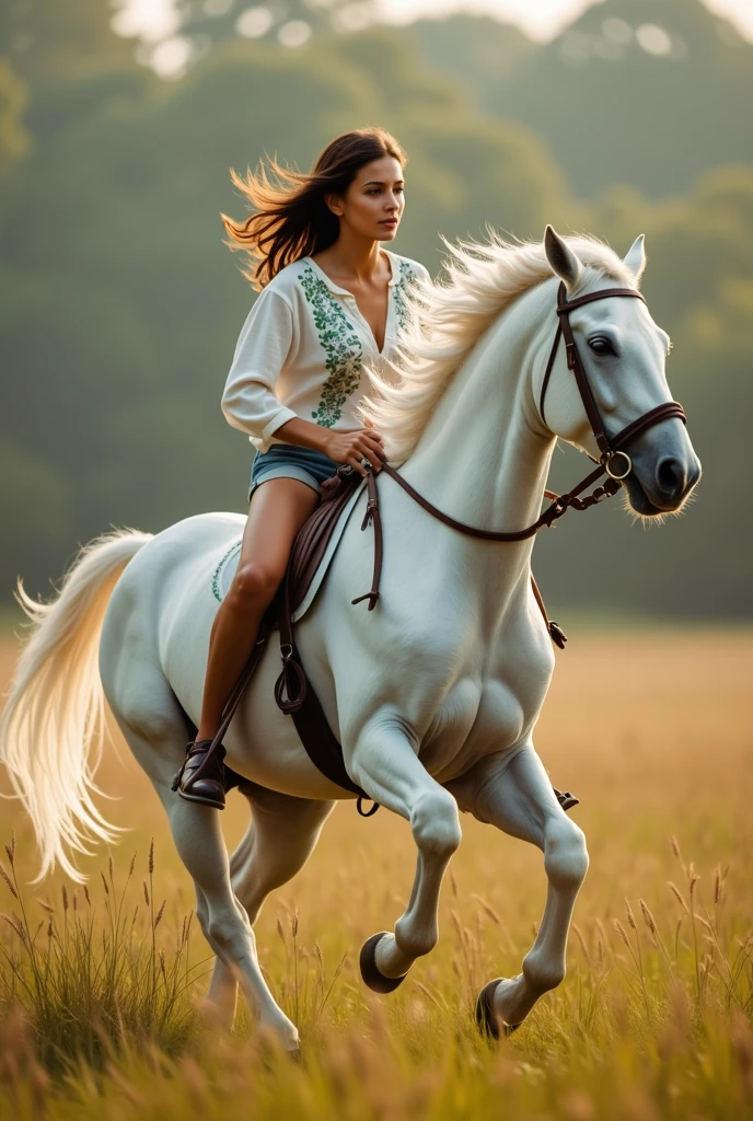 Create a woman riding a horse, a white horse, galloping on a plain with greenish vegetation with strong sunlight, dawning with a very blue sky, the girl looks happy, she is smiling and is dressed in a very bright white dress and her face is Very beautiful with very defined European features, white teeth, she has a black hat that matches her white dress, she holds the reins of the horse, the girl has black shoes, behind you can see the mountains in the distance, let it be the whole horse with the girl and her outline.