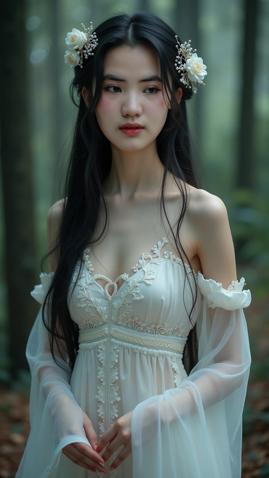 Fluorescent color, 1 girl, look at side, beautiful face, Beautiful eyes, (Off The Shoulder: 1.2), upperbody, shinny hair, shining skin, Reduction of glare emissions, The proportions of the fingers are coordinated, dark, ass pov, Dynamic angle, (((master part))), Fluorescent color、1 girl、Look to the side、Beautiful Face、Beautiful Eyes、(Off the shoulder:1.2)、Upper Body、Shiny Hair、Glowing Skin、Reduce glare、The proportions of the fingers have been adjusted、dark、Ass Gonzo、Dynamic Angle、((((Master part)))、(((Best Quality)))、((Ultra Marine))、(An illustration)、(Detailed light)、((Very delicate and beautiful))、Dramatic_shade、Lightning strike_tracing、reflection、 Ultra-high resolution、A woman walking through a dark place with sparkling snowflakes and small points of light all around、Your black hair blowing in the wind、 Bright Green Eyes Looking at Red Tulips with Sparkling Butterflies Around、 Black-haired woman、point of light々and sparkling snowflakes、Woman in a dark place filled with sparkling butterflies、 Black-haired woman、Point of light around the woman、Magical Aura、Green Eyes、Supernatural Aura、超Magical AuraBlack-haired woman