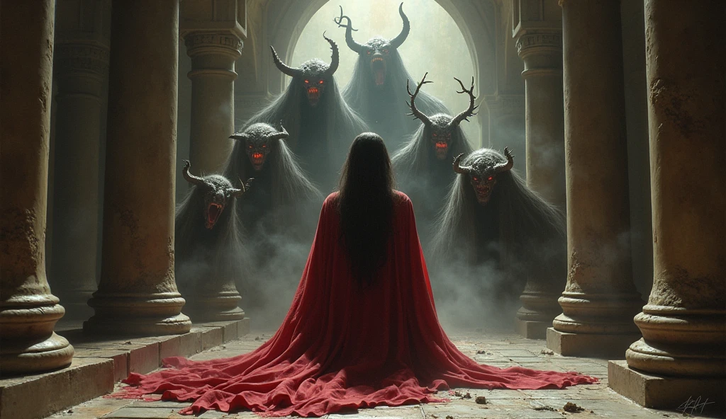 Land of Rakshasa、Japan、Thugs wearing demon masks attack the girl inside the mansion、On the futon、Kimono-like bedding、(A thin, pale-skinned young woman), The merciless demons、Hell on Earth、Dark Clouds、A cruel world where people are no longer people,