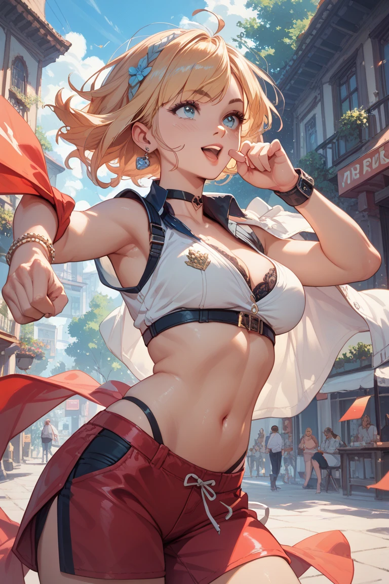 a sexy women with short white hair posing for a painting with fists up,1girl,gloves,long hair,skirt,jewelry,_breasts,solo,crop top,earrings,navel,fingerless gloves,suspenders,smile,tifa lockhart,looking at viewer,midriff,collarbone,thighhighs,(_large_breasts),simple background,bare shoulders,white background,cleavage,stomach,black skirt,low-tied long hair,taut clothes,suspender skirt,red gloves,closed mouth,blonde hair,belt,miniskirt,armpits,zettai ryouiki,taut shirt,bangs,(red ribbon on hairband:1.2),Ichigo Hoshimiya (Aikatsu!),tifa ff7,sitting, squating, looking down, look at the viewer, from below