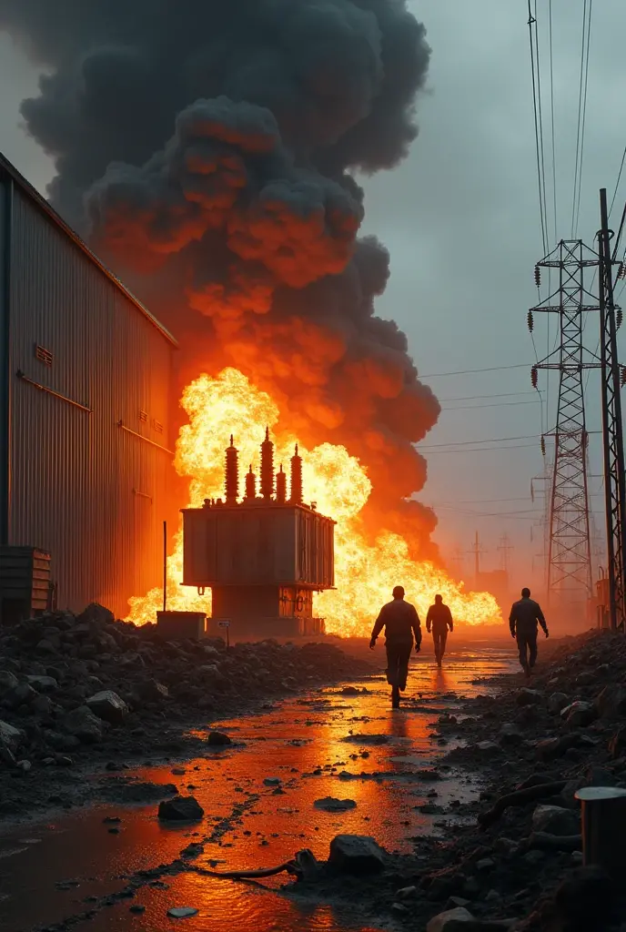 (photorealism:3:4) Accident at power plant, followed by a major fire