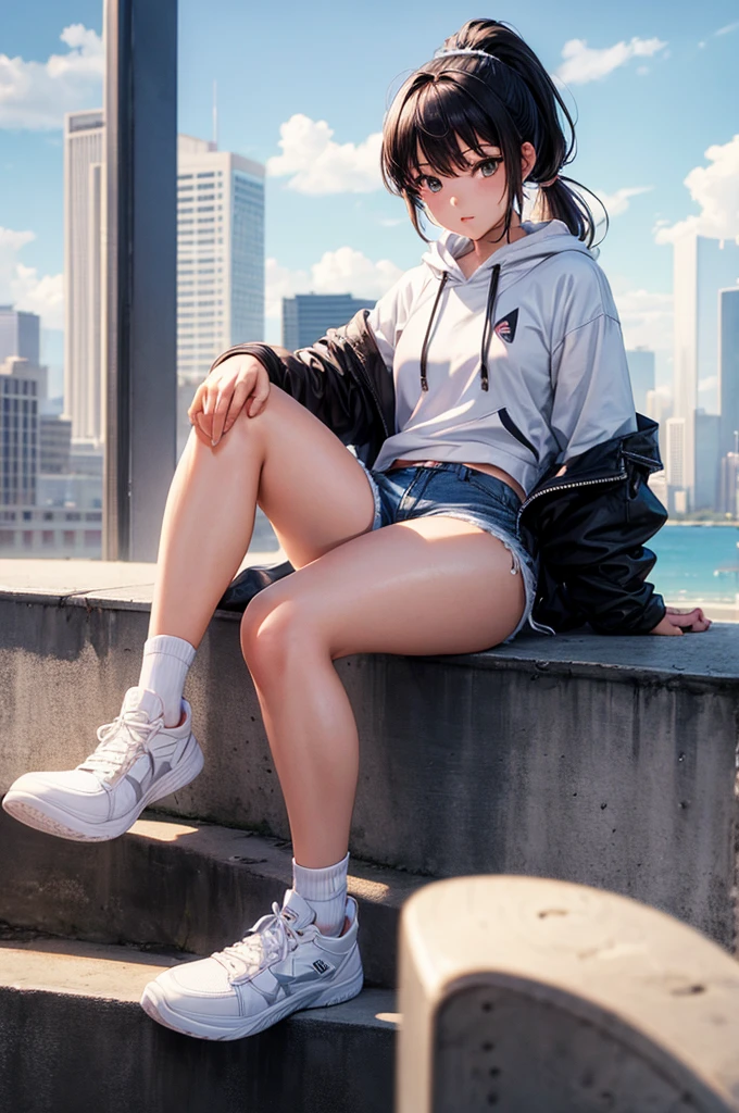 Giant Girl　giant girl　A giant girl is lying on the road　sneakers　Knee-high socks　Black Stockings　Skyscraper district　Metropolis　blue sky　cumulonimbus　Hands on。Unreal Engine　masterpiece　car　crowd　Five fingers　Perfect hands　skirt　Precision painting　4ｋ　