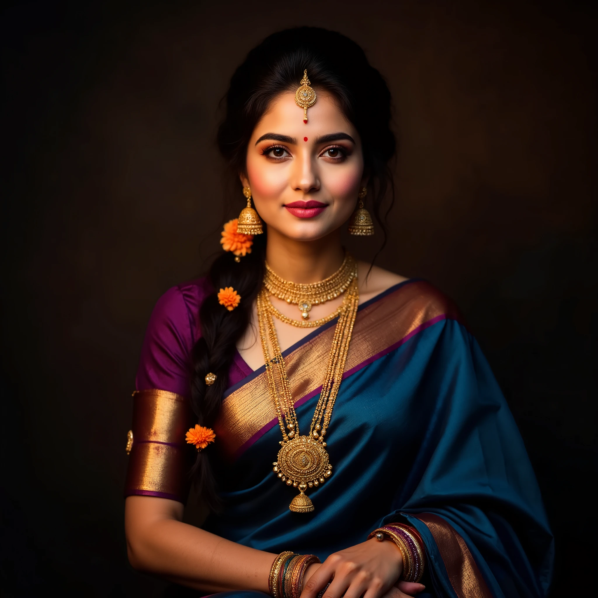 A stunning South Asian woman dressed in a traditional deep purple and blue silk saree with intricate gold embroidery and a richly woven border. The saree is draped in an elegant South Indian style, with perfectly arranged pleats and a gracefully flowing pallu. She wears a matching short-sleeved blouse with puffed shoulders, enhancing her regal presence.
Her long, dark hair is styled in a sleek, traditional braid cascading over her shoulder, adorned with delicate orange jasmine flowers, adding a festive and cultural touch. Her face radiates grace, with expressive almond-shaped eyes, well-defined arched eyebrows, and a serene, gentle smile. She wears soft pink lipstick, and her complexion is warm and radiant, enhanced by subtle makeup.
She is adorned with opulent gold jewelry, including a layered gold necklace with intricate temple-style detailing, a long gold chain with a large pendant resting over her chest, and a gold maang tikka delicately placed on her forehead. Large, traditional gold jhumka earrings dangle gracefully, while her wrists are decorated with an assortment of gold and purple bangles. A gold waist belt (vaddanam) cinches her saree at the waist, adding a touch of grandeur.
Seated in an elegant and poised manner, her hands rest delicately on her lap. The warm, diffused lighting softly illuminates her face and attire, casting a golden glow that enhances the richness of the silk fabric and the intricate details of her jewelry. The background is dark and blurred, creating a dramatic contrast that highlights her as the central focus. A high-detail, culturally rich portrait inspired by traditional Indian elegance and heritage