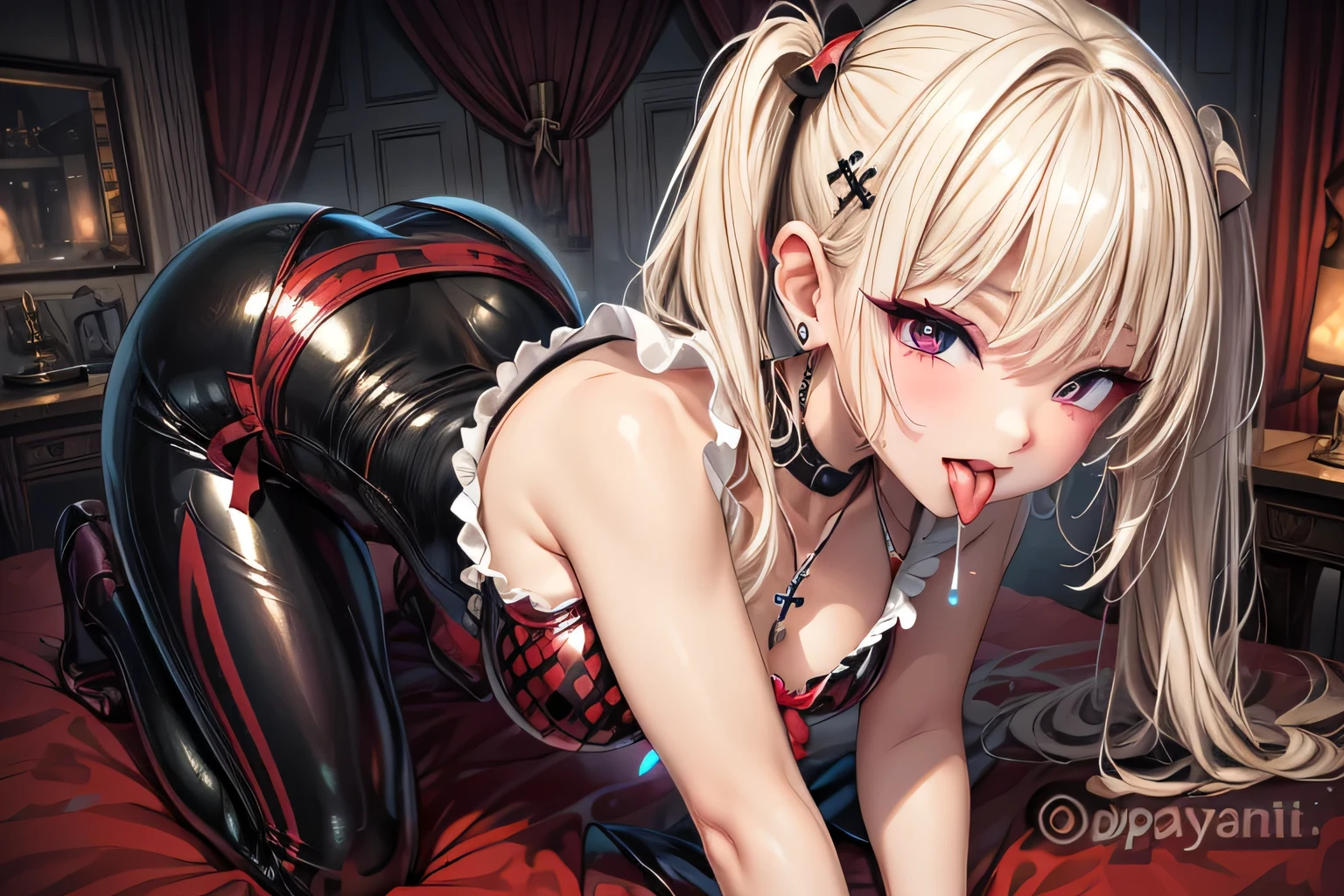 Masterpiece, Top Quality, 1girl, Solo, Blonde Twin Tails, Cat Ears, Black Mask, Red Collar, Chain Leash, Red Bra, Red Pants, Fluffy Tail, Red Garter, Black Fishnet Stockings, Thigh Strap, Tattoo of a red and very large heart under the navel, Looks happy, Sweats a lot, The whole body is wet, (Red cheeks), Looking up, Mouth wide open and tongue sticking out, Dirty toilet with your ass sticking out on all fours and wagging your tail