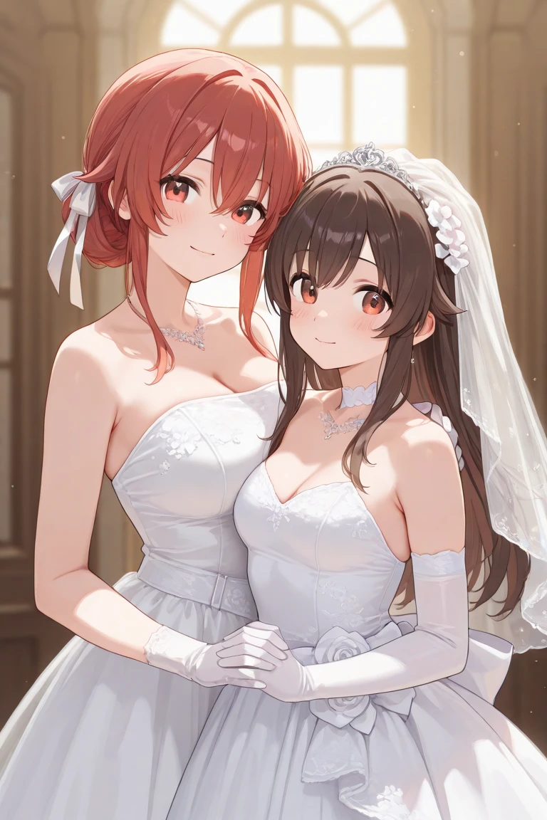 (masterpiece:1.2),best quality,illustration,beautiful detailed girl,
(3girls in a same row formation:1.3),
(large breasts:1.0),(white wedding dress:1.3) with (laces:1.5),(gloves:1.1),neckless,(veil:1.4),(bouquet:1.25),
blush,smile,(open mouth:0.9),cowboy shot,upper body,
(long hair:1.0),blunt bangs,
{mix-fus-of-(light blown hair)-(bob cut:1.0)-black eyes-ribbon},
{mix-fus-of-black hair-straight hair-(brown eyes)},
{mix-fus-of-(blond hair:1.1)-(multiple braids)-blue eyes},(church),(white petals:1.5),
<lora:hypnoEyes_v10:1.2>