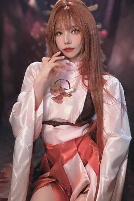 a young woman cosplaying as Yae Miko from Genshin Impact, in a Halloween night setting with Halloween decorations as the background. The image should be realistic and capture the essence of playing in Halloween. The woman's costume and makeup should be detailed and accurate to the character, with attention to the intricate design and accessories. The atmosphere should be vibrant and festive, with a mix of spooky and playful elements. The lighting should enhance the mood, creating shadows and highlights to add depth and drama to the scene. The colors should be rich and vivid, with a warm color palette dominated by oranges, purples, and blacks. The woman's eyes should be emphasized, with detailed, mesmerizing eyes that convey a hint of mystery and enchantment. She should have beautiful, detailed lips that complement her overall appearance. The image should be of the highest quality, with ultra-detailed rendering, sharp focus, and physically-based rendering techniques to bring out every intricate detail. ((See-through clothes:1.5))