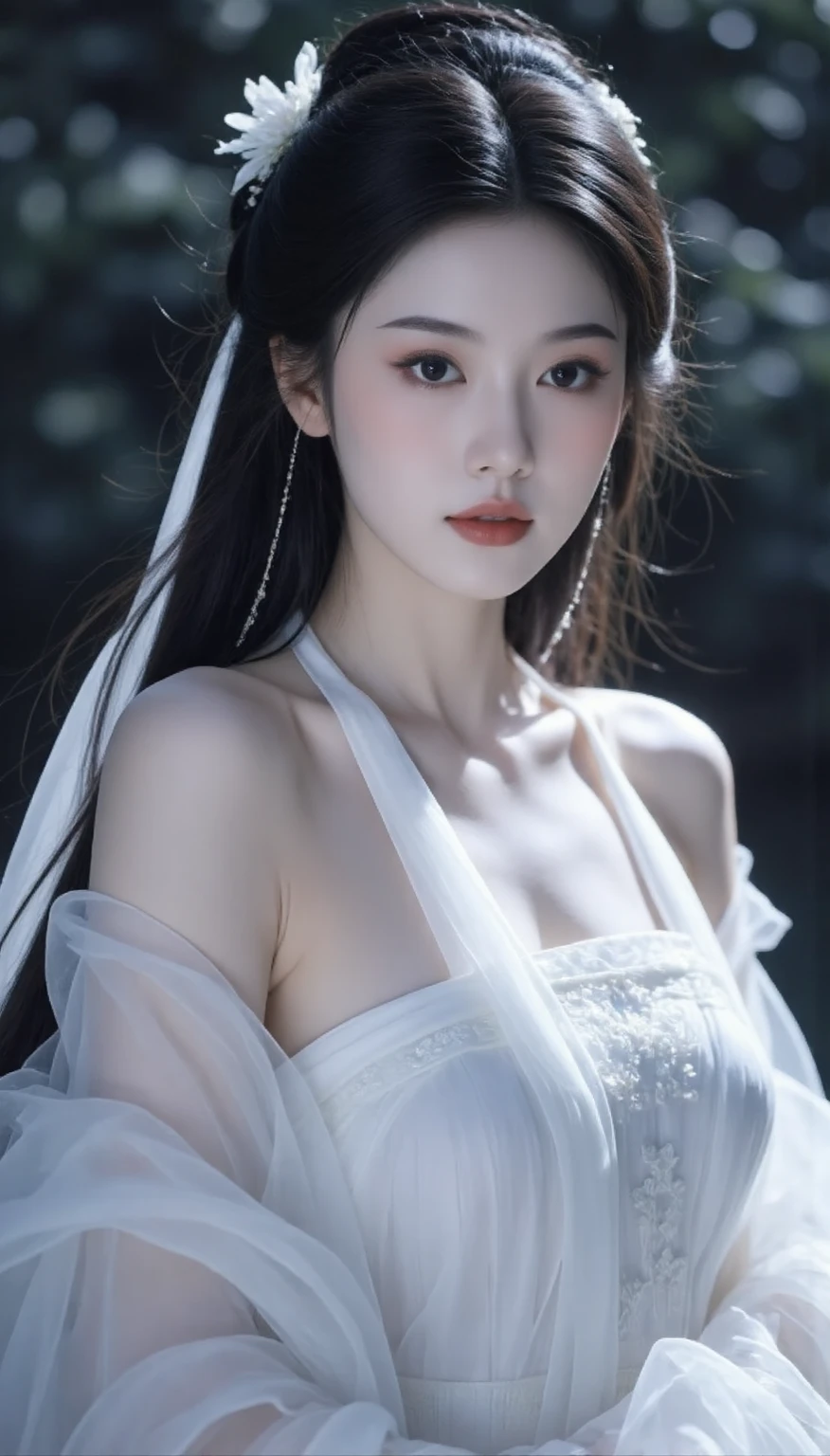 1girl,Sweet,, ,full body ,large breasts,The background is winter,snowy garden,1 girl,beautiful girl,Female Samurai, Holding a Japanese Sword, shining bracelet,beautiful hanfu(white, transparent),cape, solo, {beautiful and detailed eyes}, calm expression, natural and soft light, delicate facial features,very small earrings, ((model pose)), Glamor body type, (dark hair:1.2),  beehive,long ponytail,very_long_hair, hair past hip, curly hair, flim grain, realhands, masterpiece, Best Quality, photorealistic, ultra-detailed, finely detailed, high resolution, perfect dynamic composition, beautiful detailed eyes, eye smile, ((nervous and embarrassed)), sharp-focus, full_body, sexy pose,cowboy_shot,Samurai girl,glowing forehead,lighting, Japanese Samurai Sword (Katana),girl