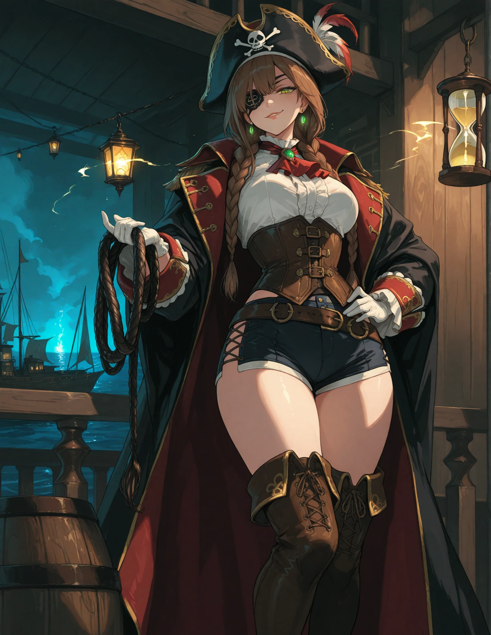 1girl, solo, masterpiece, best quality, black leotard, (long sleeves, pirate costume, pirate hat, pirate boots), body infused with electricity, lighting, particles, redhead, green eyes, blue aura, energy field, full body shot, depth of field, looking at viewer, spread arms, bare legs, medium breasts, bob hair, short hair, perfect anatomy, perfect hands, tall body, tight belt