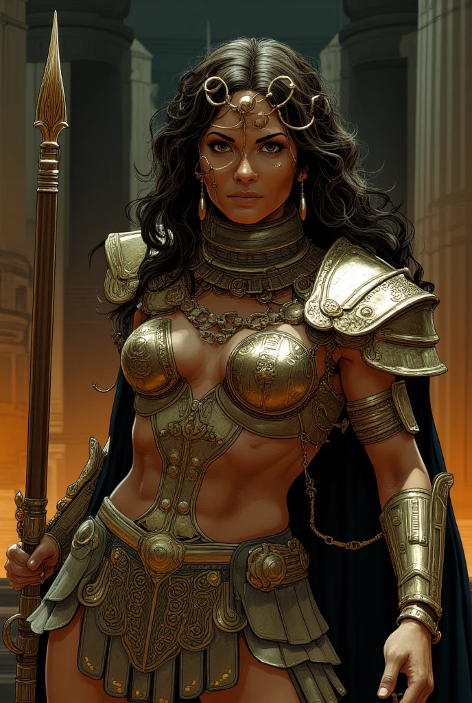 (masterpiece), best quality, expressive eyes, perfect face, detailed eyes, dark fantasy,, Egyptian warrior, cleavage, black and gold outfit, massive snoopy breast, badass woman, sensual ,