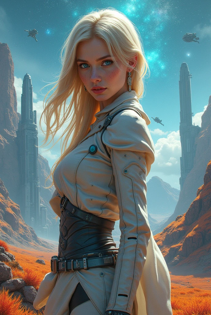 1girl, medium wide shot, solo, detailed face, looking at viewer, parted lips, expressive, beautiful intricate body, fine line work, shiny skin, (white medium bob hair:1.2), taut mini dress, fur collar fur-trimmed coat, concept art, expansive landscape, flower field, (full moon:1.2), distant mountain, production art, warm light source, firefly, lamp, purple and orange, intricate details, volume lighting, masterpiece, highest quality, dynamic configuration, colorful, irisdescent, sparkling lighting, atmospheric lighting, dreamy, magical, full breasts, (gigantic breasts:1.2),