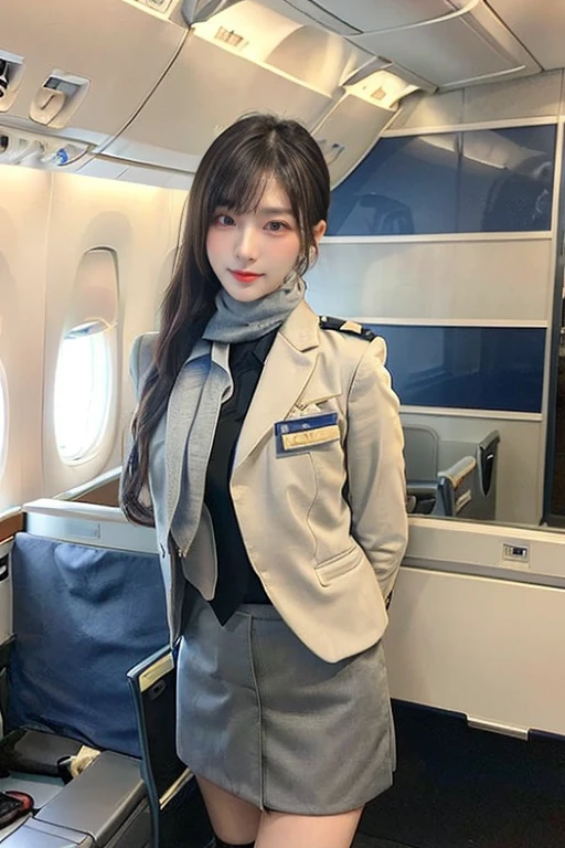 (Detailed skin:1.2),(Shiny skin:1.1),8k,Highest quality, masterpiece, Ultra-high resolution,(Realistic:1.4), RAW Photos,(Soft saturation:1),(Fair skin:1.2),(Succubus:1.2),Half-Japanese beauty,23 years old, (Light brown hair),(Long Hair:1.3)), (Pretty face:1.4), (Large Breasts, Tight waist,Big firm hips:1.2), ((Beautiful lighting:1.3)), ((Flight attendant uniform:1.2)),(Highly detailed face, Highly detailed lips, fine grain, double eyelid,Highly detailed and evenly balanced eyes), (Sharp focus:1.2), ((Full Body Shot)),(Perfect Anatomy:1.3),(Beautiful woman with perfect figure: 1.2)、((Random sexy poses:1.2))、Sharp Eyes,smile,(Inside the jet)