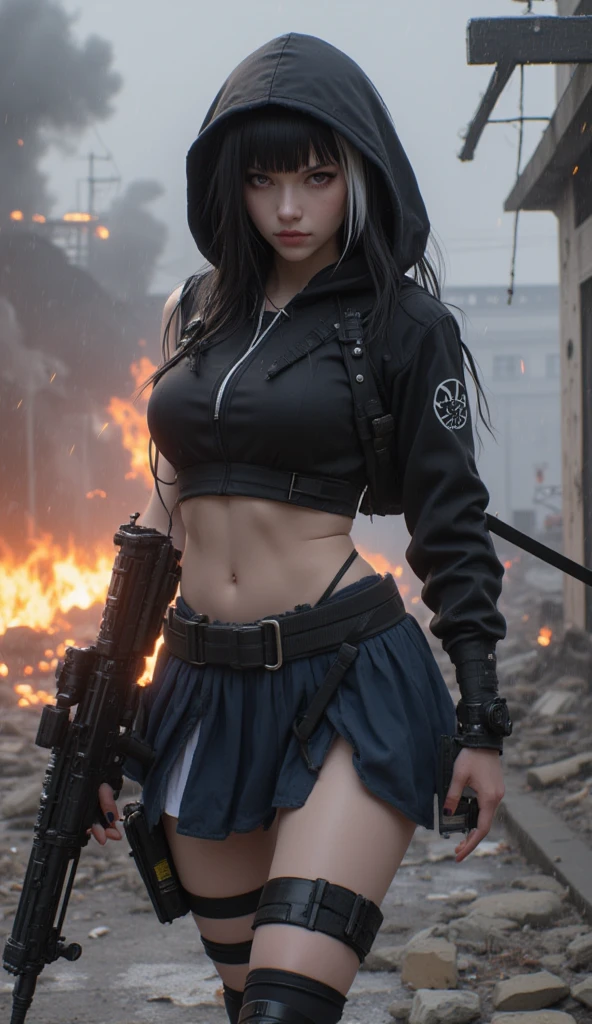 Moisturized skin,Realistic body,(Adult female body),Energetic,(16 years old),(Girl),,Crop top,,Collarbone,Earrings,Mini skirt,
BREAK,
Bright red lipstick,(Beautiful navel),(Pink hair),Beautiful hair,Short hair,
BREAK,
((Masterpiece+Top quality+High resolution+Very detailed)), (Full body:1.2),Symmetrical,One cut,
BREAK,
(Wind blows),(Blue electricity),
BREAK,
Assassination,,Fantastic,Dynamism,((In the middle of war,Fighting stance),((Fires everywhere,Blood everywhere,Death is everywhere,Corpse,Corpse,Burnt down Japanese castle,Hellish,Chaos),
