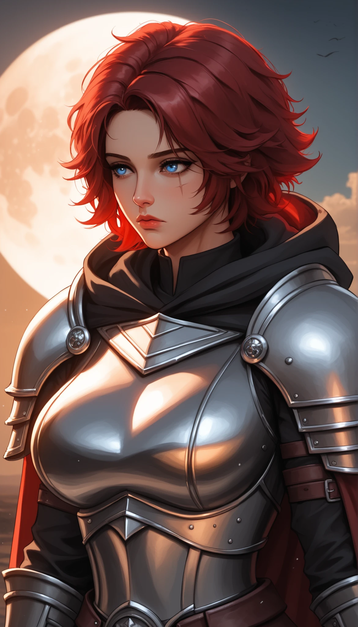 Watercolor, score_9, score_8_up, score_7_up, (Volumetric_lighting: 1.7), (masterpiece), (lora: detailed anime girlsXL), (lora: NoobAI-XL Detailer), (lora: smooth lighting enhancer) (lora: Detailed Background), (lora: NKxXmo's Shaded Face), (lora: SDXL high detailed. LoRA_SDXL_ARW_0010: 0.75), (lora: Waifu Eyes), BREAK battlefield, s, red_sky, red_moon,
1girl, Tall, scars, peach skin, muscular, muscular_arms, short_shaggy_hair, (red_hair:1.2), black nails, blue eyes, Tired (tired expression) standing, Black_armor, Black_plate_armor, tattered_cape, Hood, close_up_shot, , large breasts, Mature looks, MILF, 8k, (masterpiece), realistic, high_quality, detail_focused,
Expressiveh