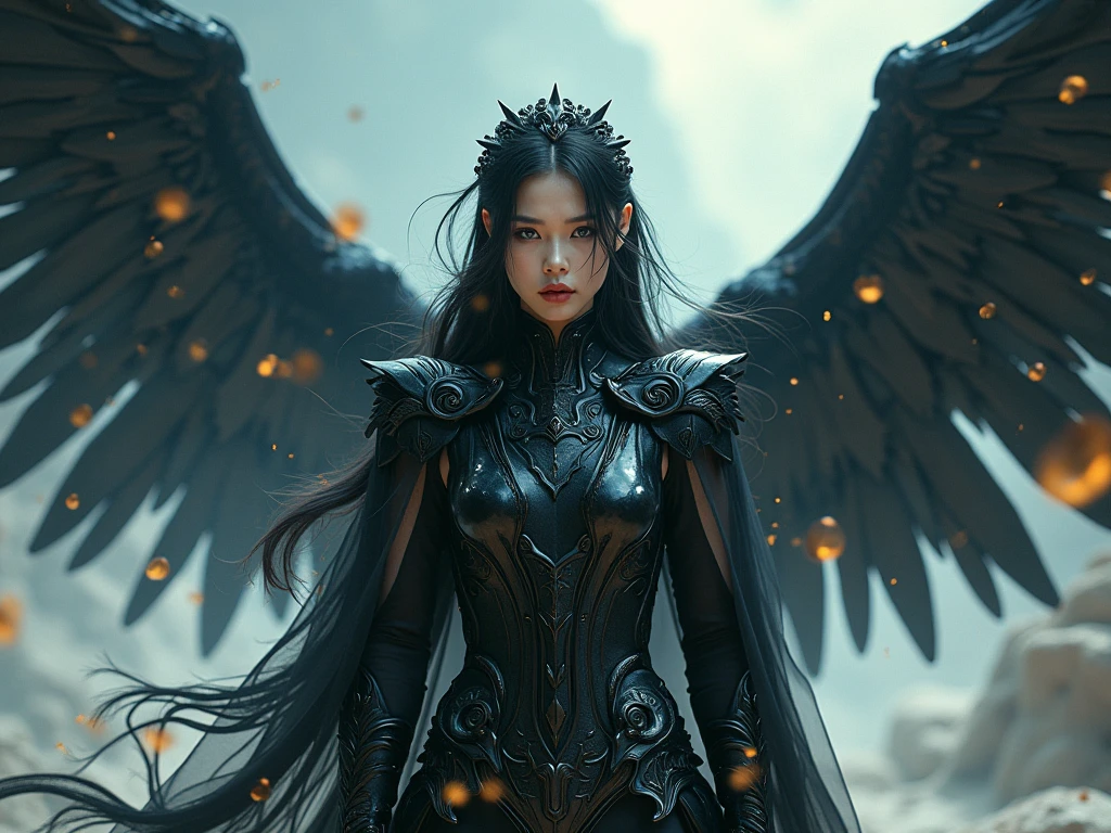 ((best qualtiy)), ((tmasterpiece)), ((Realistis)), (A detailed), (realisticlying:1.5),illusory engine, (High detail: 1.9),(femele:1.4),(big breasts beautiful: 1.4),(carismatic:1.3), (Large breasts), Female angel,Black feathered wings,beuaty girl,beauitful face, looking at viewert, dynamicposes, postapocalyptic, Destroyed city background, scientific fiction, hdr, Ray traching, NVIDIA RTX, Hyper-Resolution, Unreal 5, sub surface scattering, PBR textures, Post-processing, Anisotropic filtering, depth of fields, Maximum clarity and sharpness, trichotomy,8K original,(Luminous Particle:1.4),(VerydetailedCG,Unity 8k壁纸,cinmatic lighting,lens flare glow),Reflectors,Sharp focus,black toga,Raised sexy