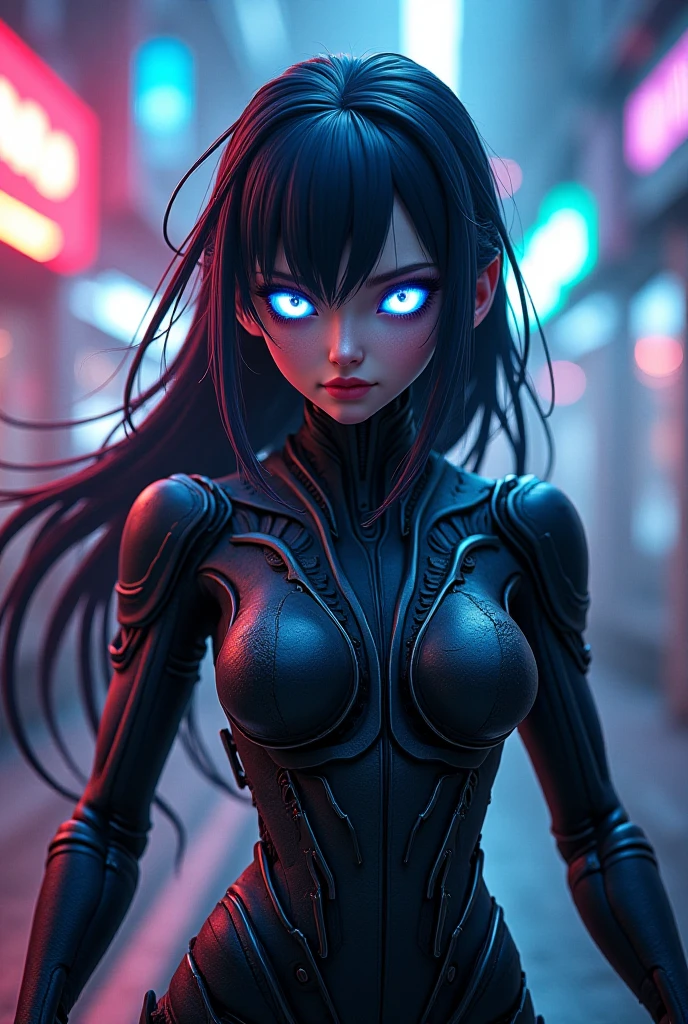 Android girl in a black suit, gloomy with long blue hair, woman with sexy hips, half cyborg modification Beautiful fur with black demonic eyes stands in full height sideways Anime Style black background Cyberpunk style, black background image of night black city and blue neon lights fluorescent lamps