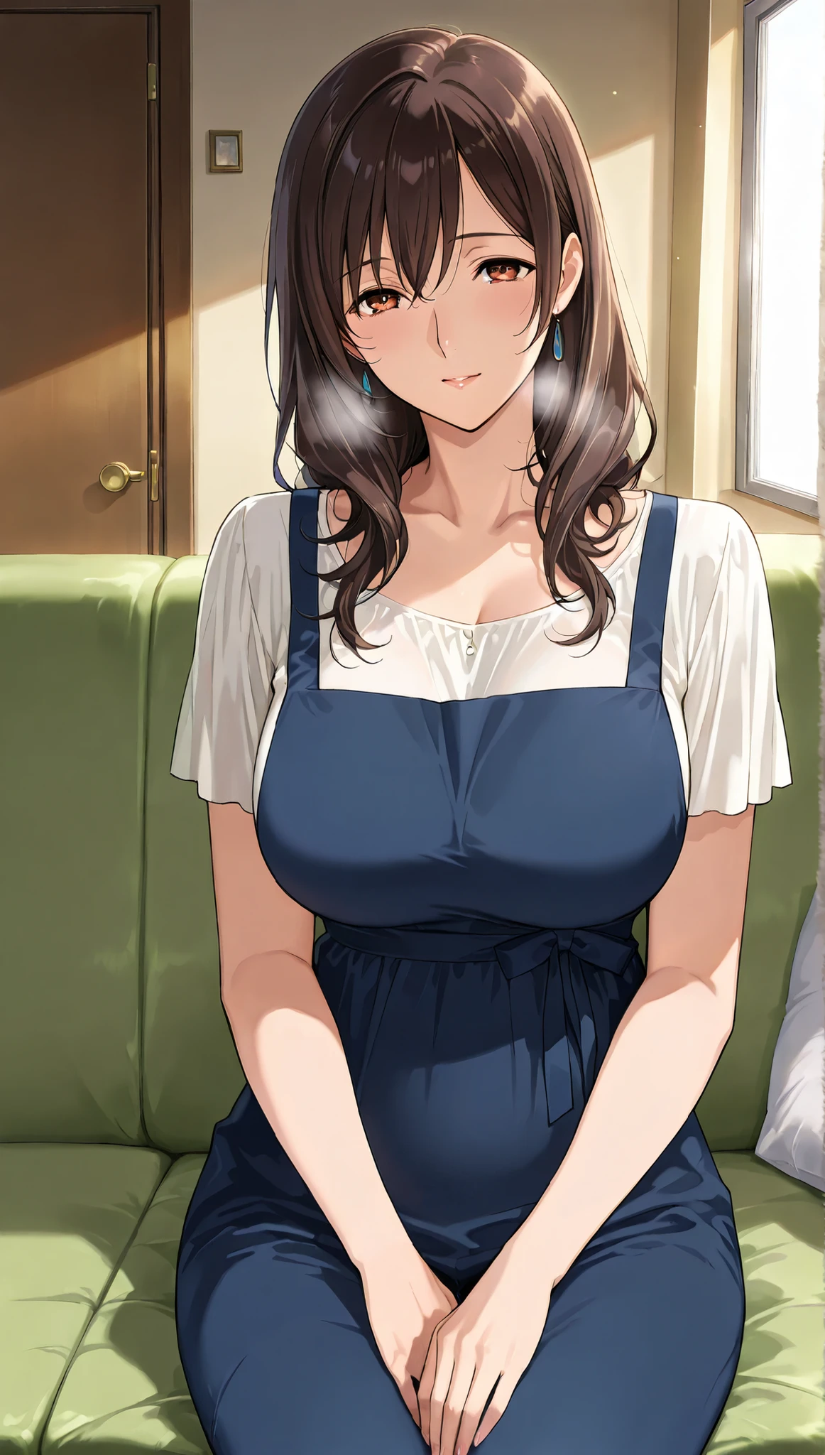a girl from the side , Vol up the sidetuous women, Older, Big Breasts, mature woman, Maternal, Wide hips , score_9, score_8_ up the side, score_7_ up the side, score_6_ up the side, source_Anime, beautiful face, expressive eyes that breathe, staring at viewers , alone, close- up the side, sitting , Sofa, indoor, scenery, Dramatic Lighting, Anime screencap, Enchanting Smiles