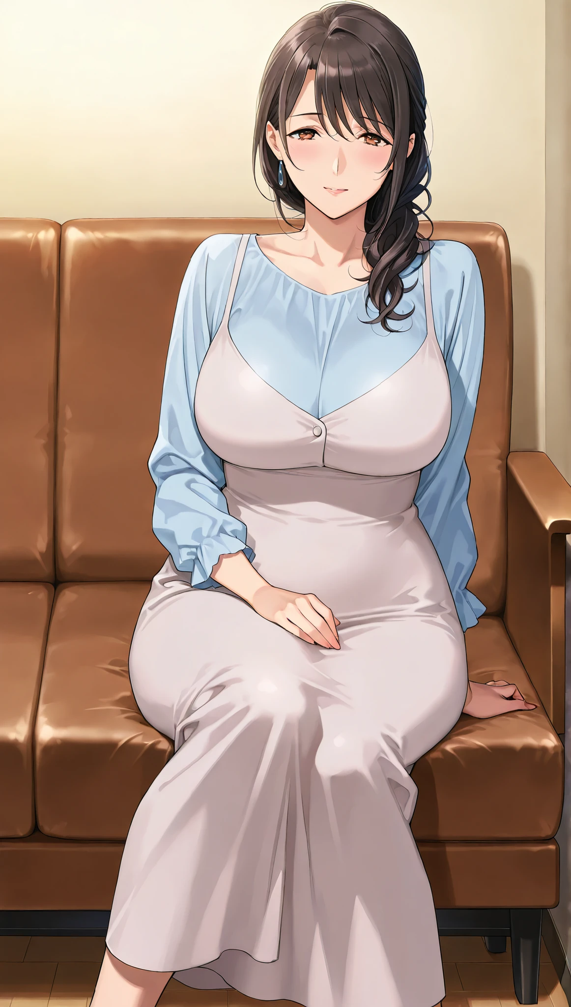 a girl from the side , Vol up the sidetuous women, Older, Big Breasts, mature woman, Maternal, Wide hips , score_9, score_8_ up the side, score_7_ up the side, score_6_ up the side, source_Anime, beautiful face, expressive eyes that breathe, staring at viewers , alone, close- up the side, sitting , Sofa, indoor, scenery, Dramatic Lighting, Anime screencap, Enchanting Smiles