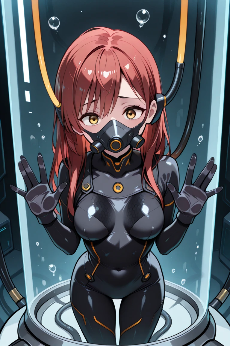 tmasterpiece，Best quality，CG，Wallpapers，HighDynamicRange，high high quality，k hd，The content is very detailed，symbiote，A woman sits in a swimming pool filled with black spring water, Long red hair, Green-eyed, Sexy girl, oppai, Fair and translucent skin, Colossal tits, Crazy breast swelling, Chest larger than shoulder blades, Fitness trainer, Ruddy cheeks, sweaty, breath through, The body is soaked, A panicked expression, In prison