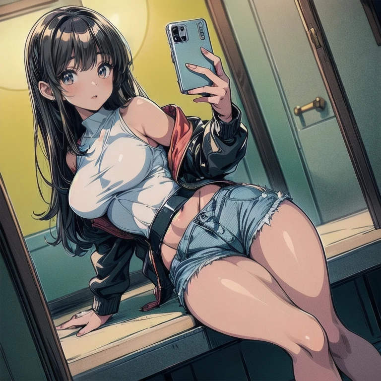2d, Big Breasts,(masterpiece), Highest quality, Very detailed, (watercolor), bloom, Delicate and beautiful, figure, (From below),(One girl:1.4),(Brown woman)，(Healthy dark skin)， (alone:1.2), Large Breasts, (Ribbed sweater:1.3), Off-the-shoulder sweater, (Short shorts:1.2), Bare shoulders, (Underbust), ((Dark Skin:0.8)), Beautiful squinting eyes, (Disheveled Hair ), photograph, Over the shoulder shot, Alex Maleev, Professional, Canon Camera, Nikon Camera, sharp, Bokeh, Studio Quality, Fisheye Lens, Robert Capa ,(Beautiful lips),Young face