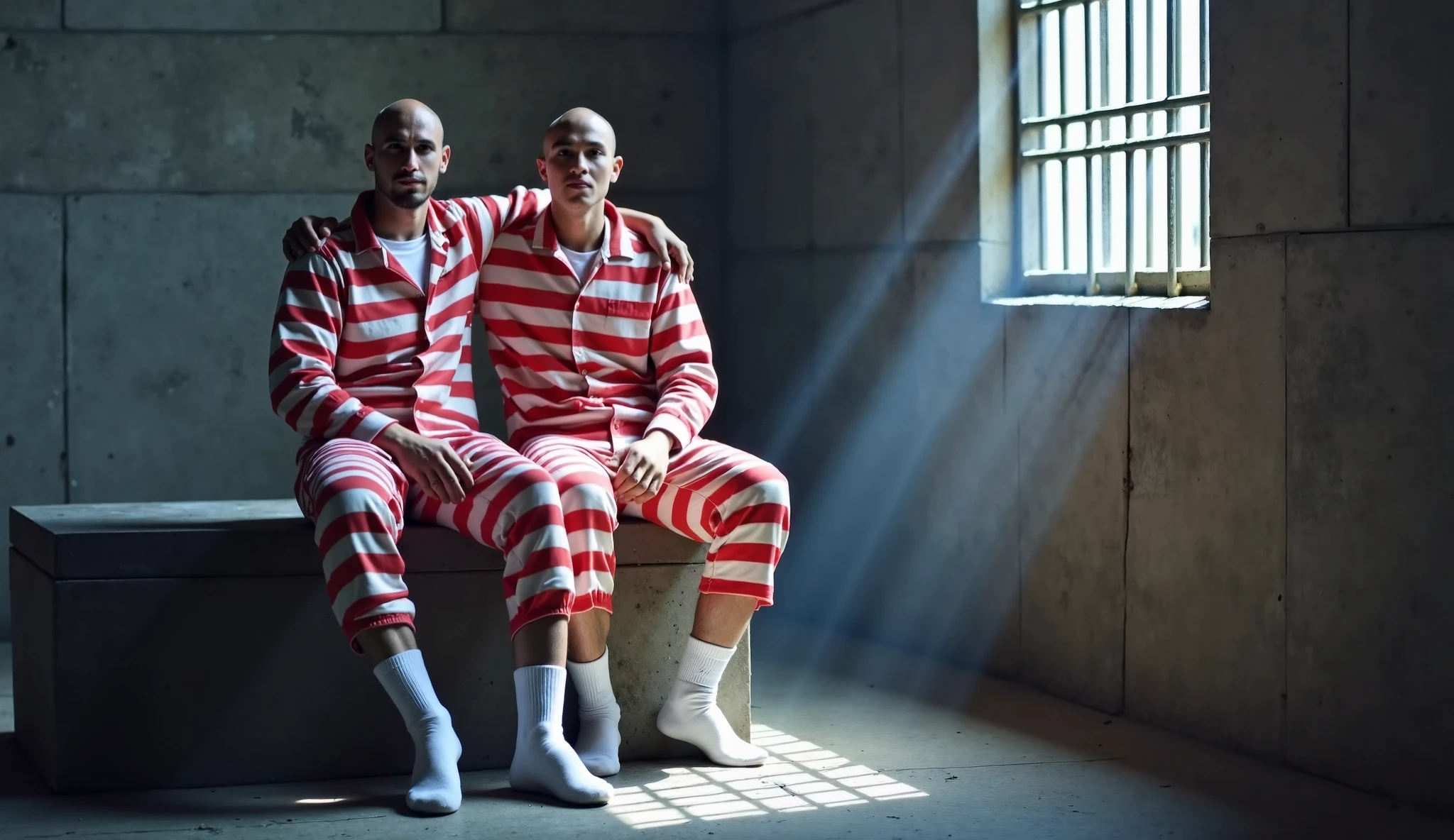 2 strong inmates, black, with a tattoo on his father in an orange uniform are in their prison cell and on the floor there is a baby that has just been born and still has its umbilical cord. On the floor near one of the inmates is his orange uniform shirt.