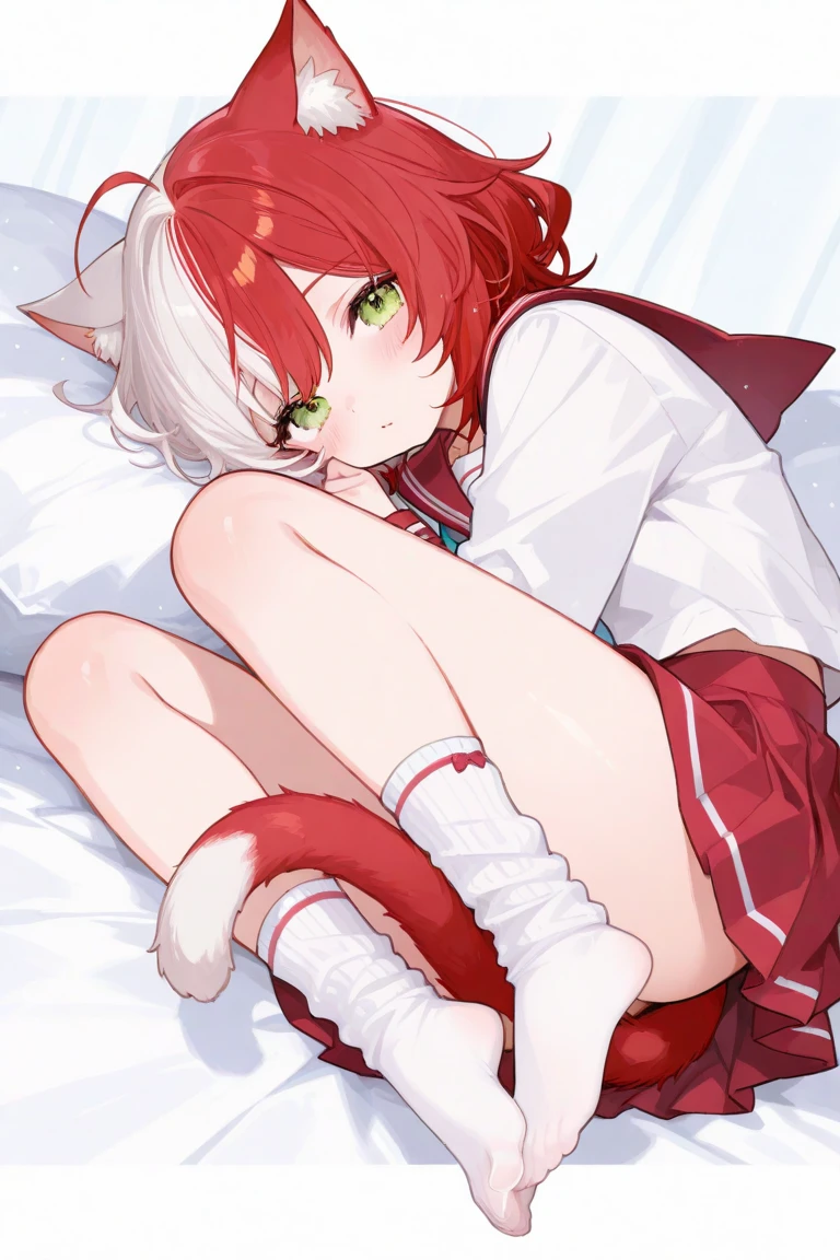 (Furry), detailed fur, ambient light, fluffy, 4k, magical crystal female fox, red stocking, silk, red school uniform, small , legs spread, pillow, pink eyes, gasp, looking at viewer, blush, pant, eyes closed, looking down, tail lifted, wet vagirk bedroom, (Crotch rub), crotch on pillow.