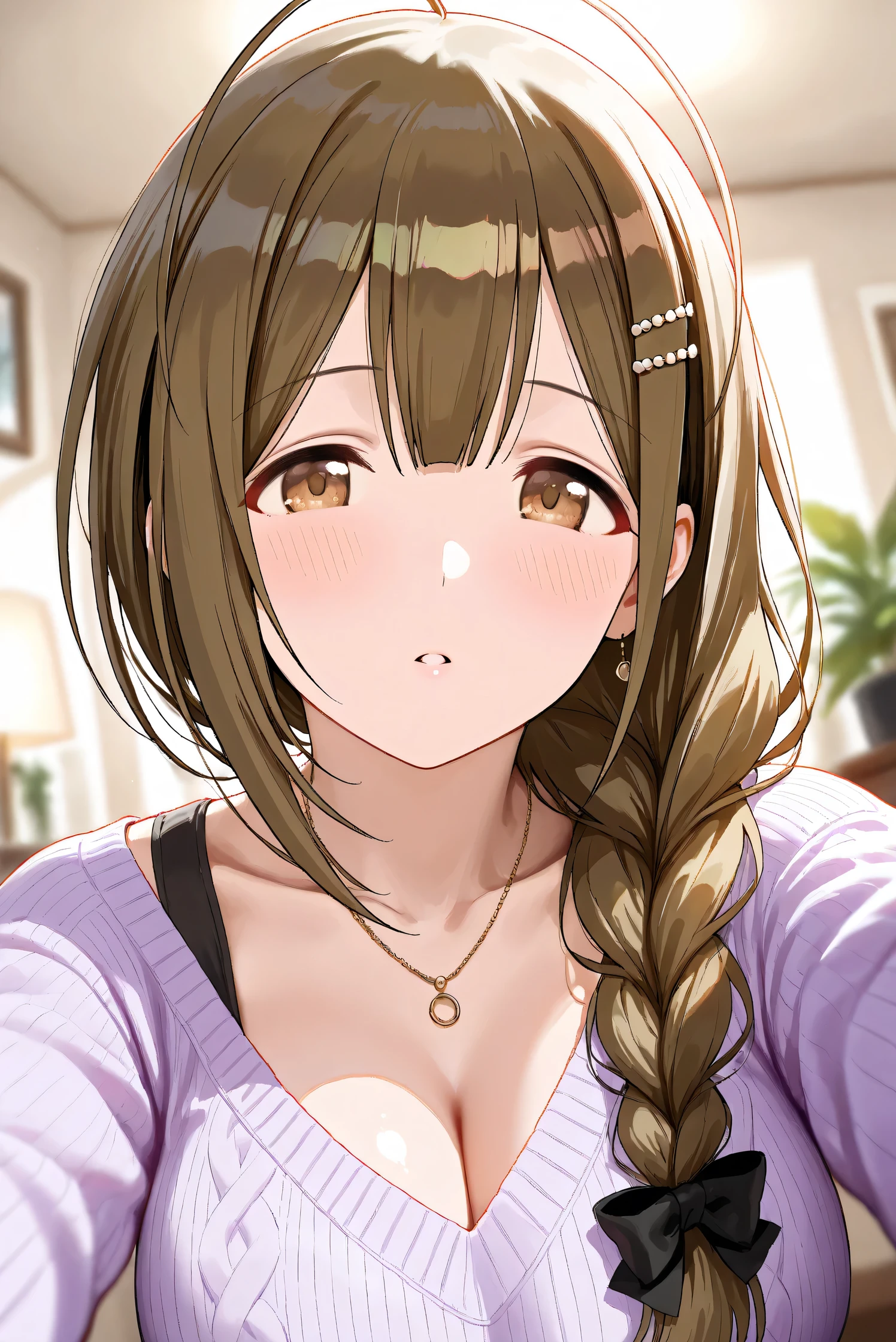 (Masterpiece), (Highest quality), (Very detailed),
(The best shape), (Best Shadow), (Absurd),
(Detailed background), (So beautiful), Shiny ,
Extraordinary, Countershading, 8k, 32K, High resolution, Beautiful eyes in every detail,
Very Detailed CG, UHD,
Score_9, Score_8_up, Score_7_up, Source_anime,
(Pastel painting:1.2), (Watercolor painting:1.2),
(Masterpiece, Detailed:1.2), (Foreshortening:1.2),
Cinematic, Dramatic, (Depth of field:1.4),
(Blurry background:1.4), (Realistic background:1.4),
(Foreshortening:1.3),Dynamic angle, 1 girl,
Indoor, Living room, Houseplants,
Kuwayama chiyuki,
The idolmaster shiny colors,
kuwayama chiyuki,
(Breasts:0.5), Brown hair, Large breasts, Ahoge, Long hair, Brown eyes, Braid, Collarbone,
(Casual wear:1.3),
Sweater, V-neck sweater, Light purple sweater,
Necklace, Hairpin,
Portrait, Upper body, Focus on face, (Close up shot:1.2),
(Blush:1.3), Parted lips,
Realistic skin, Shiny skin,