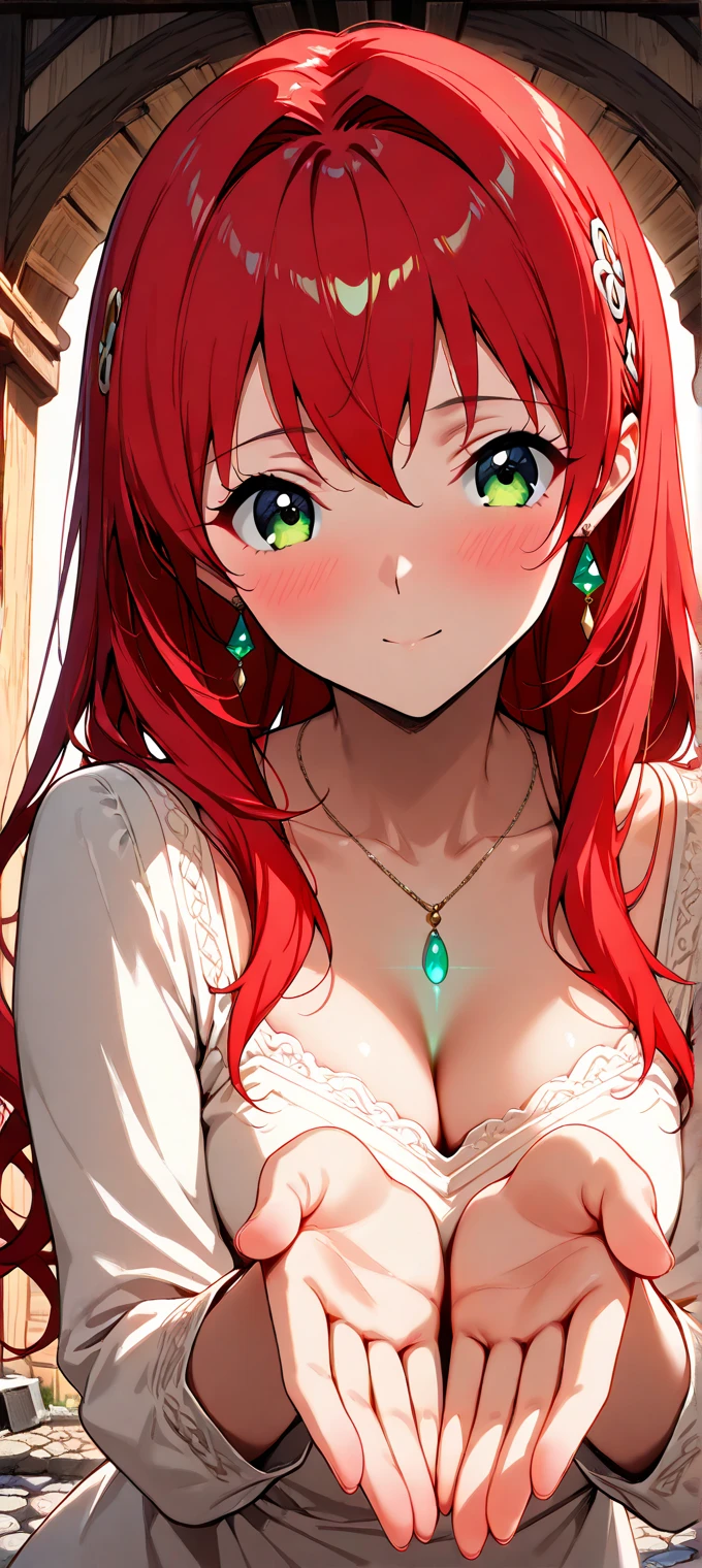 , hair, female, clothing, flower, long hair, clothed, red hair, eyelashes, breasts, mammal, plant, eyebrows, topwear, outside, green body, bottomwear, smile, portrait, light, red clothing, shirt, hi res, looking at viewer, human, accessory, scales, pale skin, green eyes, glistening, not furry focus, shadow, hair accessory, human focus, green clothing, green topwear, ambiguous gender, pigtails, front view, mascara, red body, holding flower, green scales, lighting, arthropod, brown hair, yellow eyes, grass, multicolored clothing, nature, cleavage, red topwear, blush