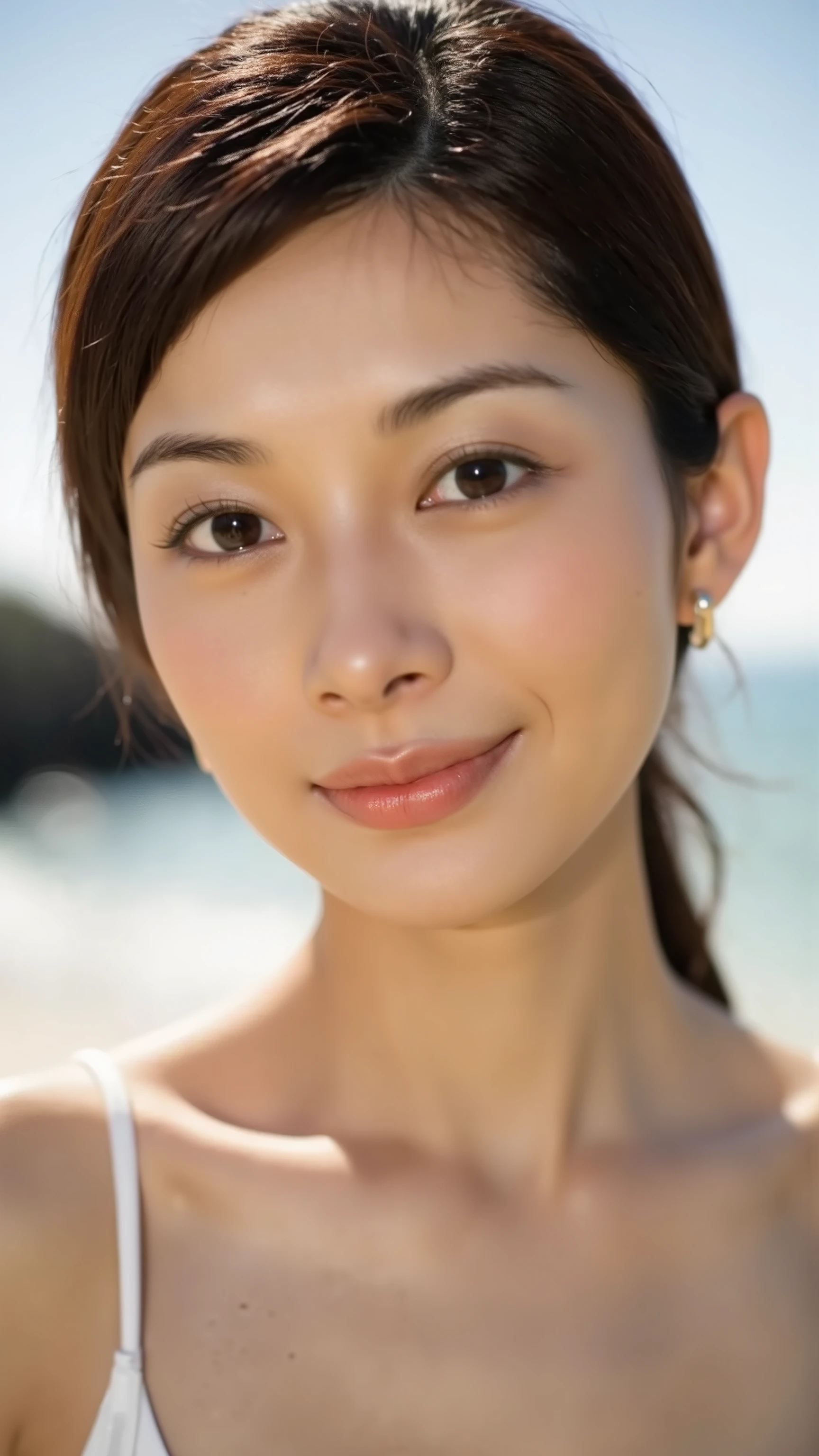A high resolution photograph of a fully nude Japanese woman on the beach, the sun shining on her face, creating a beautiful and fresh scenery.