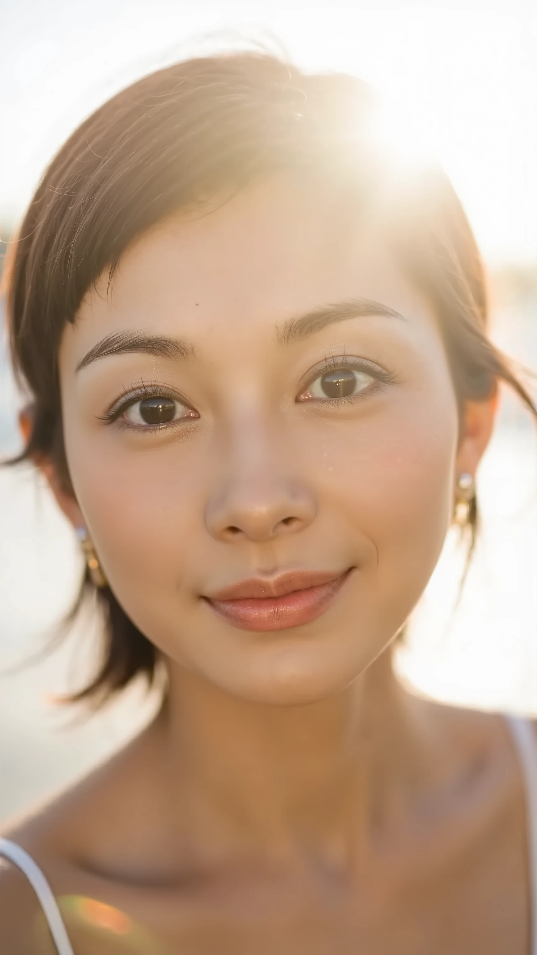 A high resolution photograph of a fully nude Japanese woman on the beach, the sun shining on her face, creating a beautiful and fresh scenery.