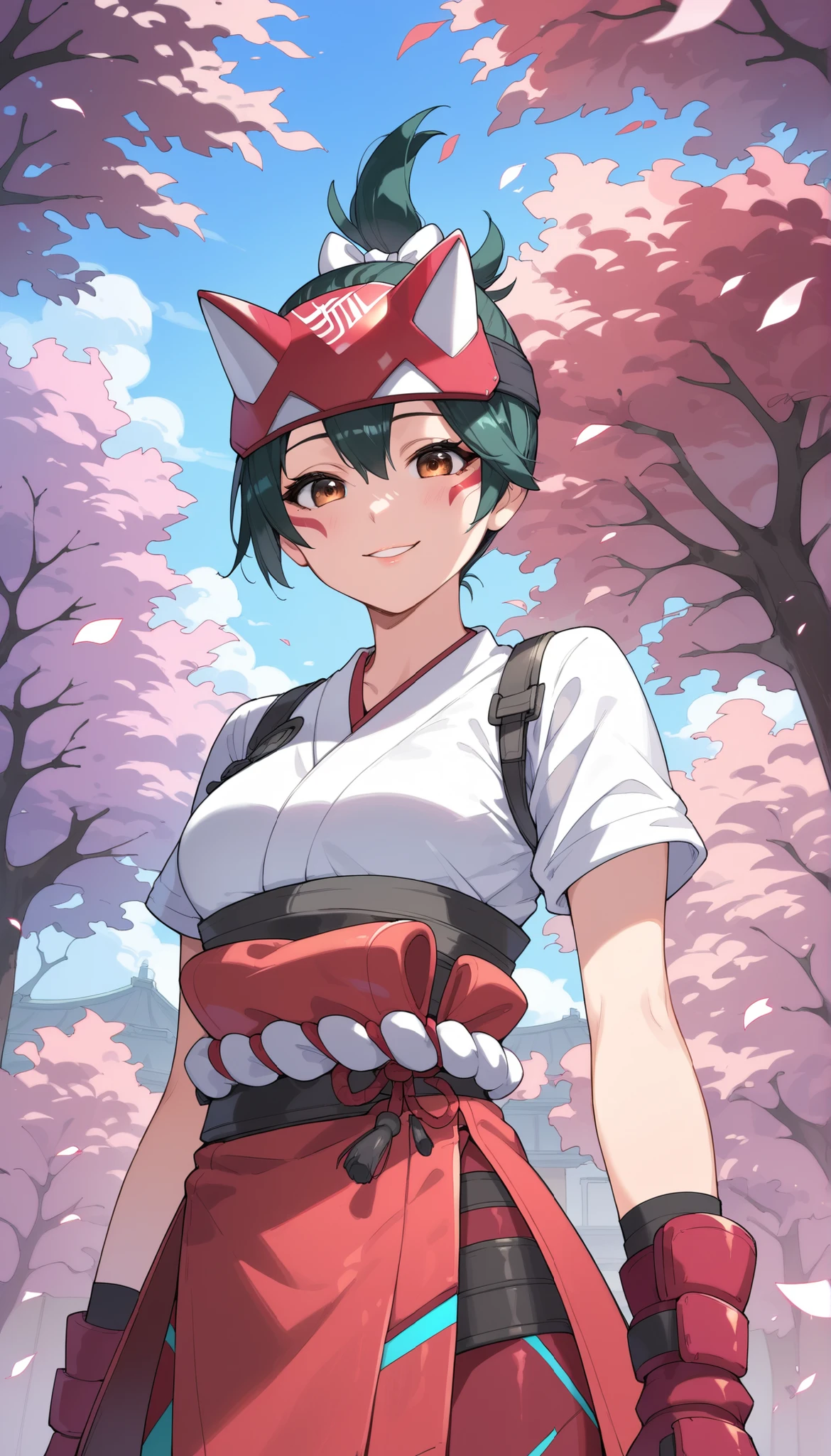 score_9, score_8_up, score_7_up, BREAK source_anime, best quality, masterpiece, 1girl , BREAK kiriko_(overwatch), Kiriko's mask, short hair, kiriko_ponytail, (brown_eyes), seductive smile, standing, (sakura tree background),