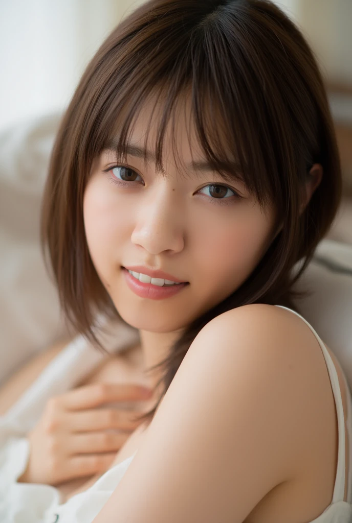 (8k, RAW Photos, Highest quality, High resolution: 1.1), (ultra Realistic: 1.4), (Realistic, Realistic: 1.3), The Beauty of Japan, pajamas, ((Upper Body: 1.3)) High resolution, Realistic image of a Japanese woman with short hair, She has big breasts and red cheeks, Take a look at it, smile She looks at it, smile, While taking a selfie. Her smartphone is close to her face. She appears to be live streaming from her home.., Spread out on the bed, Put a blanket over your chest.Embarrassed face