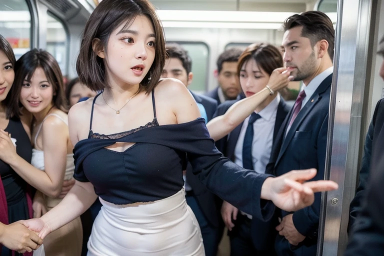 (molestation:1.8) japanese woman crying, very big breasts, oversized breasts, (white short sleeve shirt,darkblue neckribbon,pleated short skirt, darkbrown short length hair,bangs,ear:1.2),Chest grab, in the train, grab your butt, Multiple men around her grab her breasts, Chest grab, multiple hands, masterpiece, highest quality, very detailed, molestation, crowd of Business men, crowd surfing, very realistic face, very realistic eyes, crowd of men around her, the person who grabs her body, they squeezed her chest, molestation, masterpiece, highest quality, very detailed, 1 girl, multiple hands, Grab her ass with the crazy crowd, Chest grab, the men around her, squeezed her body, Many Business people grab girls chests, Be beaten, pulling on clothes, very wet and sweaty, grab clothes, (There are no women in the crowd:1.5), man with necktie