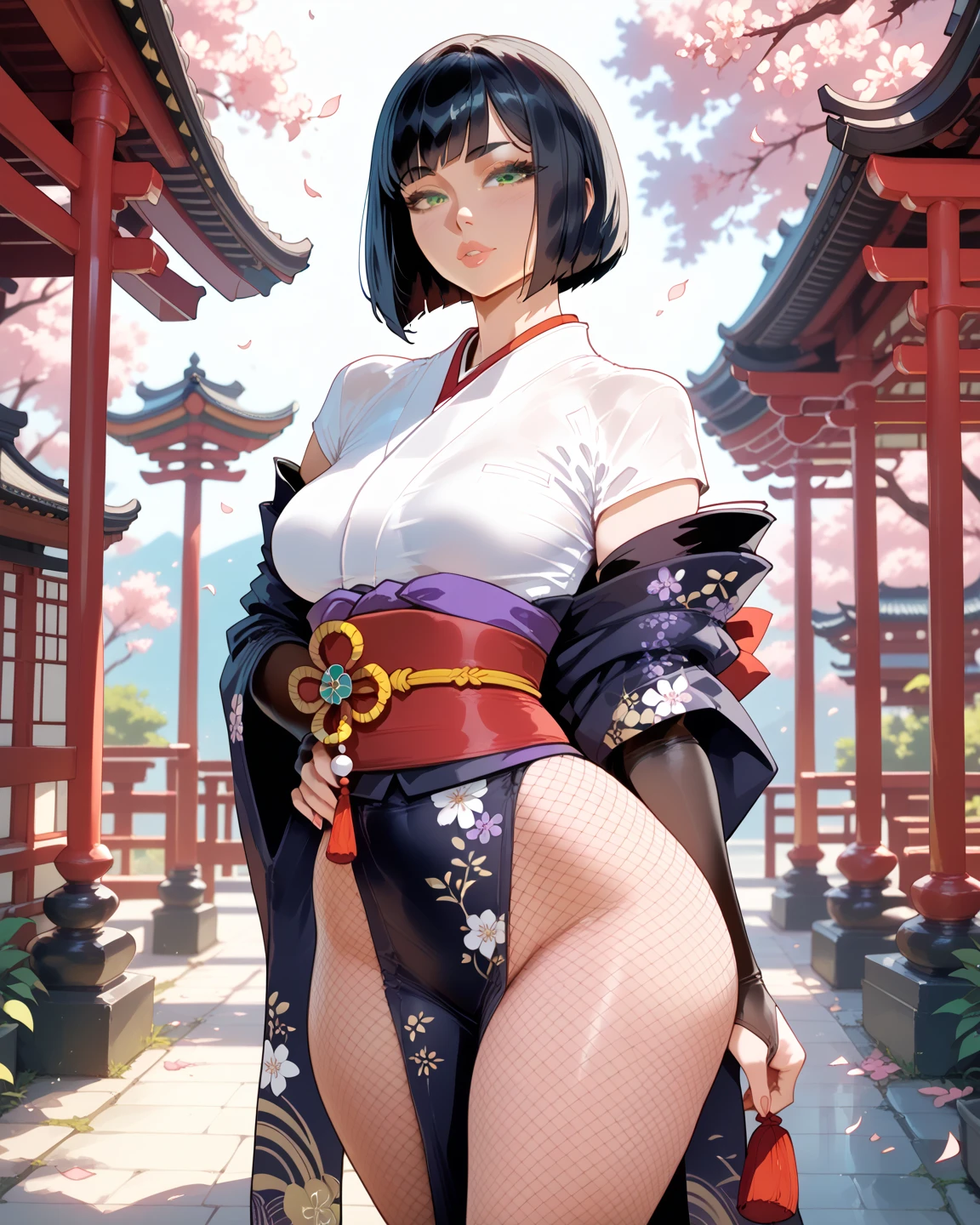 Kujou Sara| genshin impact, master-piece, bestquality, 1girls,25 years old, proportional body, proportional., thick wedding dress skirt, White Wedding Dress, Long skirt, Big skirt, mediuml breasts, ,bara, choker, Standing in the middle of a flower garden, outdoor, The sky is beautiful, In Japanese shrines, arm behind back, View viewers from the front, Thigh strap, Head tilt, bored, HD, A slight touch.,