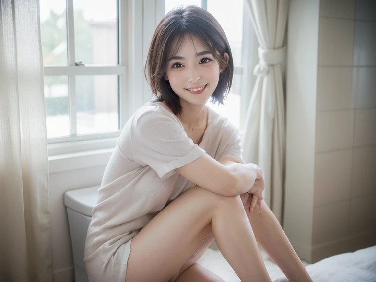 NFSW,In 8K,Highest quality:1.4, Ultra-high resolution:1.5, (Realistic:1.4),masterpiece:1.2,(Highest quality:1.4)、 RAW Photos、 (The background is blurred), 1 Japanese girl, cute, (alone:1.4), (A shy smile), Smooth Skin、 (Brown Short Hair,bangs),Nogizaka,Flexible fingertips,Beautiful dark eyes、dual、Natural skin texture:1.3, Realistic eye and facial details:1.7、Medium chest、Daytime、Tight ass:1.5、View your viewers,(Beautiful Eyes:1.1)、cute、I can see your thighs、I can see your chest、Beautiful feet