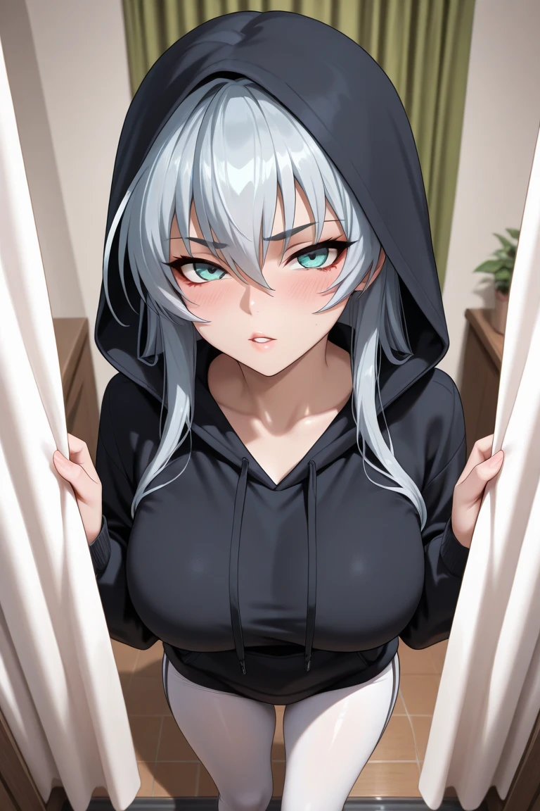 masterpiece,One girl,alone ,Heart-shaped pupils,Open the front,hoodie,, Static Restraints,Exposing her breasts A woman with a large penis growing out of her vagina and inserted into a dummy