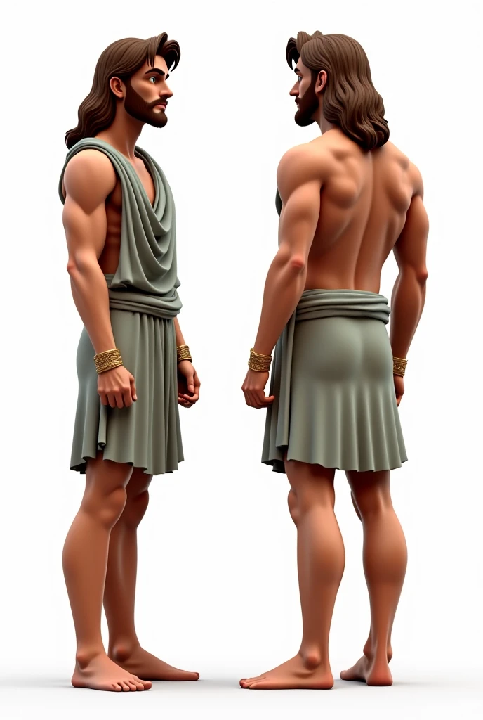 (masterpiece), ultra detailed, 3 views, character view (Front view, side view , back view), (detailed character sheet) , reference sketch of a god, 25 years, God of Greek mythology, His physical appearance is often portrayed as having a strong and muscular build., Wearing traditional Greek white clothing, like a loose tunic or chiton, Ultra-realistic, crisp, intricate details, intricate details, and style, Simple background illustration.