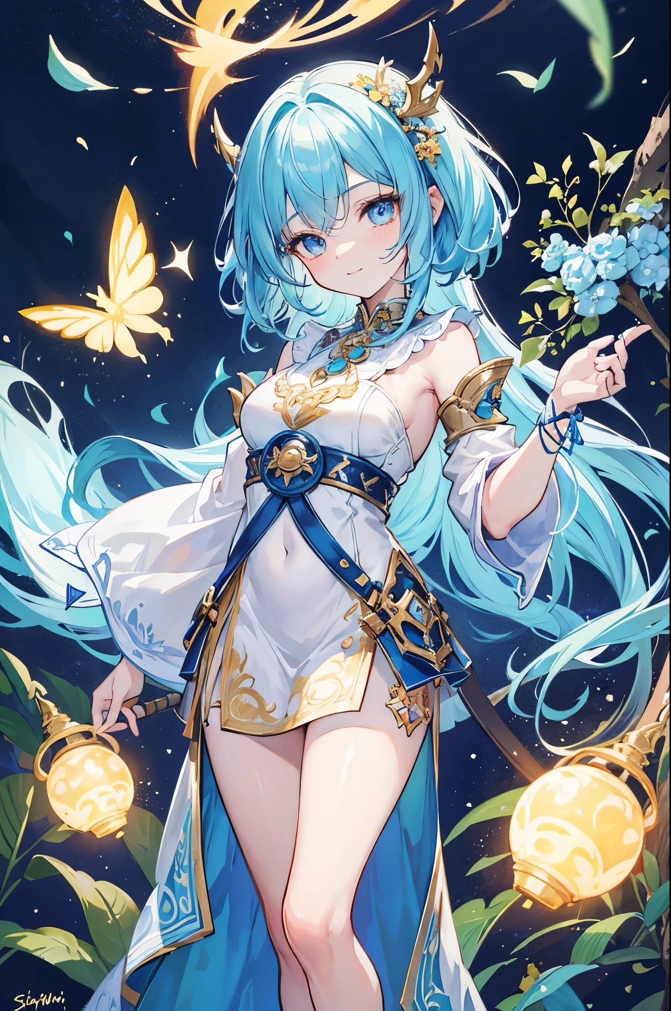 (A beautifully crafted girl), best quality, blue skin, (yellow eyes), (sitting in a mystical atmosphere), holding a (mysterious magic lantern), (dazzling light, shining bright).