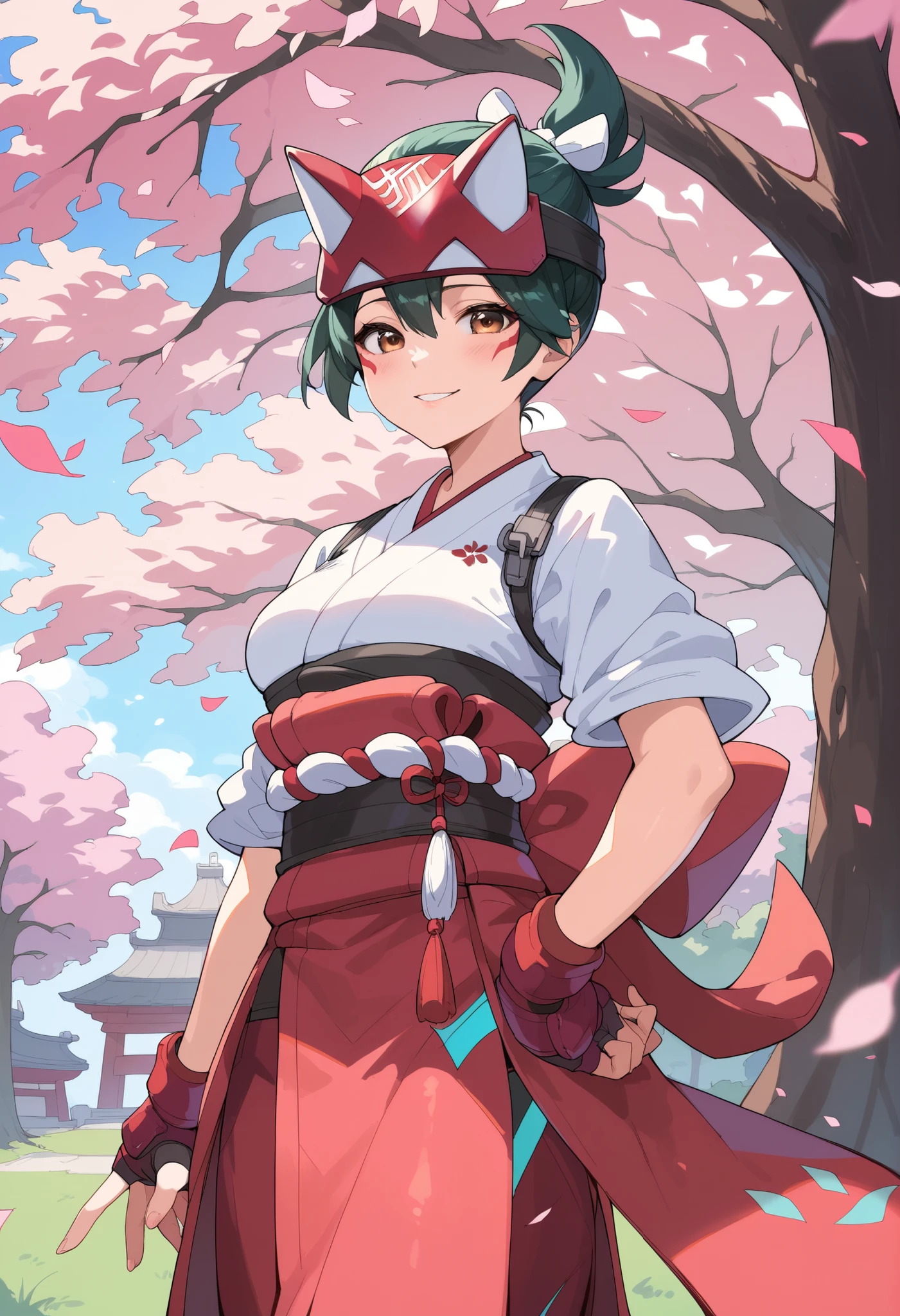 score_9, score_8_up, score_7_up, BREAK source_anime, best quality, masterpiece, 1girl , BREAK kiriko_(overwatch), Kiriko's mask, short hair, kiriko_ponytail, (brown_eyes), seductive smile, kimono, standing, (sakura tree background),