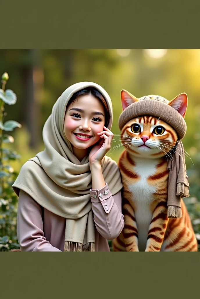 Photorealism beautiful tudung girl without hair with nametag Cikgu Murni with a cute orange cat
