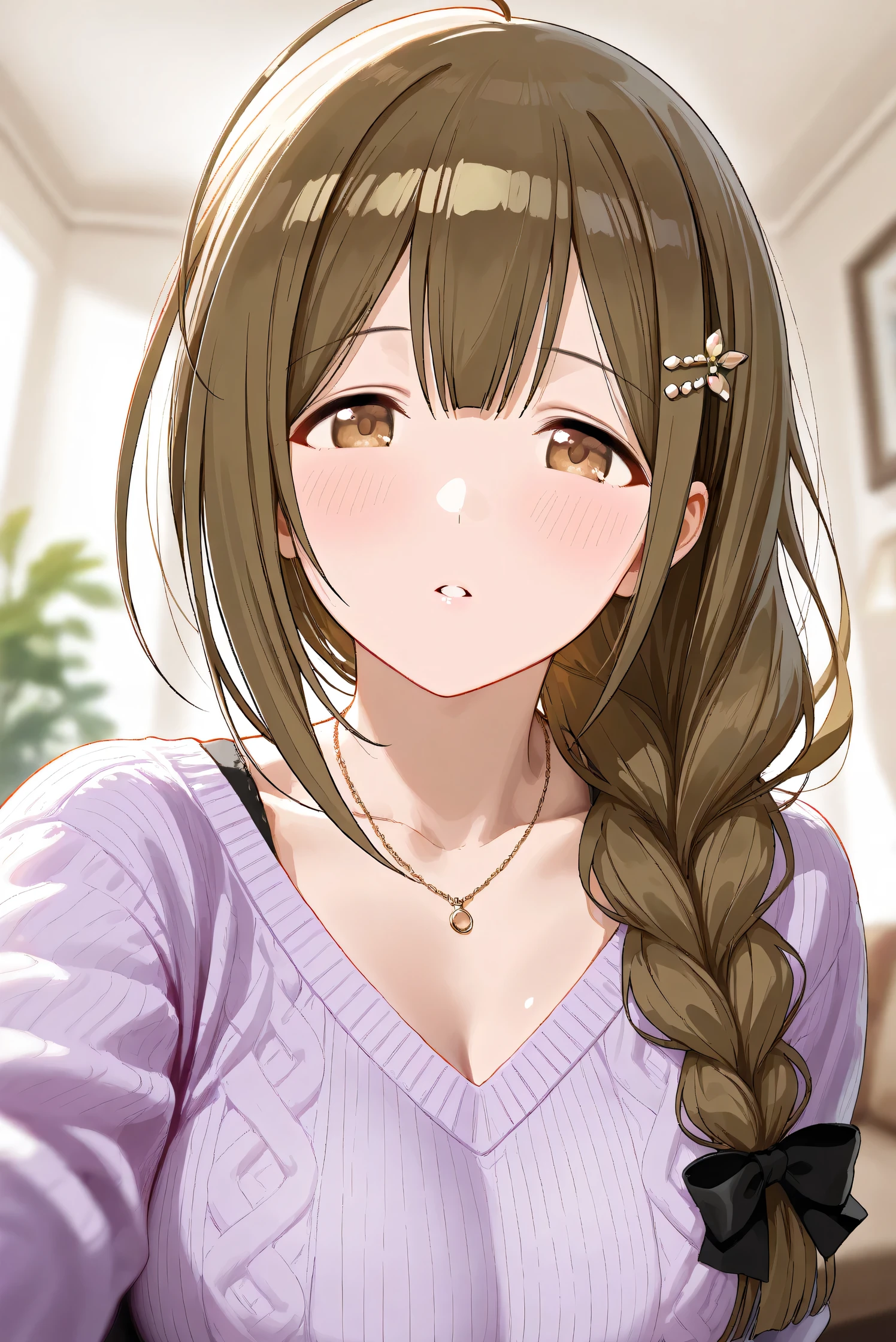 (Masterpiece), (Highest quality), (Very detailed), 
(The best shape), (Best Shadow), (Absurd), 
(Detailed background), (So beautiful), Shiny , 
Extraordinary, Countershading, 8k, 32K, High resolution, Beautiful eyes in every detail,
Very Detailed CG, UHD,

Score_9, Score_8_up, Score_7_up, Source_anime, 
(Pastel painting:1.2), (Watercolor painting:1.2),
(Masterpiece, Detailed:1.2), (Foreshortening:1.2),

Cinematic, Dramatic, (Depth of field:1.4),
(Blurry background:1.4), (Realistic background:1.4),
(Foreshortening:1.3),Dynamic angle, 1 girl,
Indoor, Living room, Houseplants,

Kuwayama chiyuki,
The idolmaster shiny colors,
kuwayama chiyuki,
(Breasts:0.5), Brown hair, Large breasts, Ahoge, Long hair, Brown eyes, Braid, Collarbone, 

(Casual wear:1.3),
Sweater, V-neck sweater, Light purple sweater, 
Necklace, Hairpin,

Portrait, Upper body, Focus on face, (Close up shot:1.2),
(Blush:1.3), Parted lips,
Realistic skin, Shiny skin,