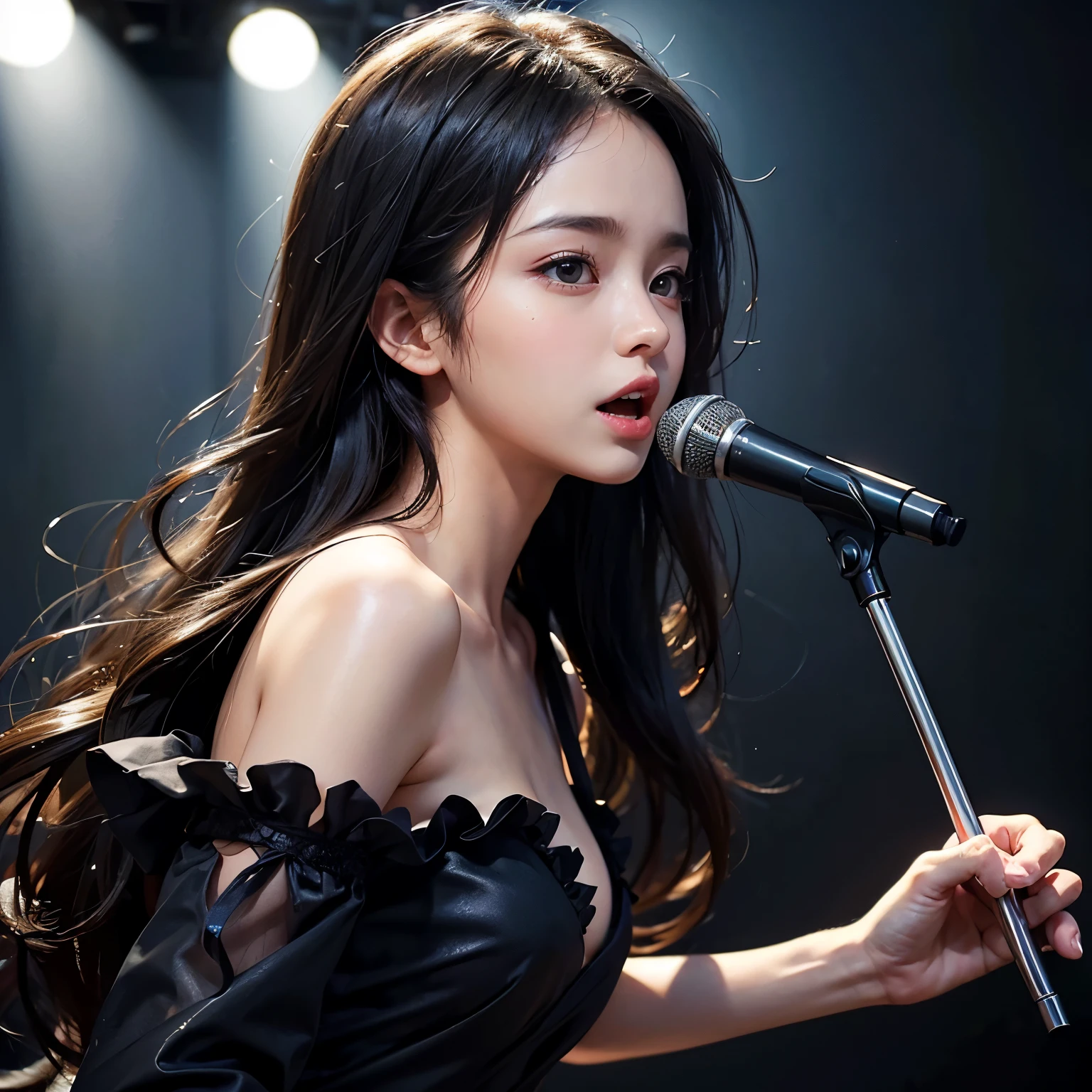 (Photoreal:1.5, 8K, highest quality, masterpiece, ultra high resolution), Highly detailed skin and facial textures:1.3, perfect dynamic composition:1.2, (small underground live house, 100 spectators), studio lighting, Spotlight, ((hold the microphone with your right hand:1.2, open your mouth, singing pose on stage:1.3)), (expression of sadness:0.8, Tears are flowing:0.8), (Japanese female singer:1.3, Height 163 cm), cowboy shot, Fair skin:1.2, sexy beauty:1.1, slim style:1.2, beautiful and aesthetic:1.1, very beautiful face:1.2, semi-long black hair, (professional dressing:1.0, simple red long dress:1.2), (Medium chest, Chest gap), (Beautiful and erotic big eyes:0.5, Bewitching:0.5, adult charm:0.5), necklace, bracelet