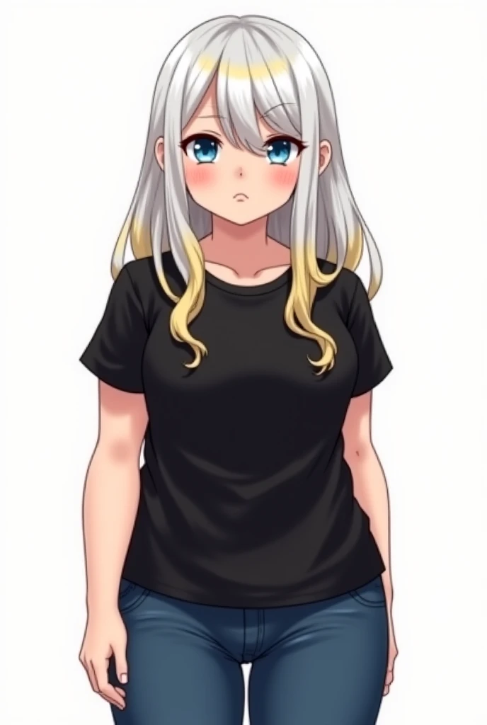 ((Highest quality)), ((masterpiece)), (detailed), Perfect Face, Perfect Arms, Perfect hands, Perfect Fingers, anime, Ultra-fine illustration, ((One girl)), White-haired purple-eyed, Straight Hair, Large Breasts, (Arms at your sides), (Belly button), (Short sleeve cropped t-shirt), Straight denim pants, Mules, choker, Earrings, Excited expression, (Red in the face and embarrassed), (panic), (Sweat:1.2), heart, like, (heartの吹き出し), Black background, Subject&#39;s viewpoint, Cowboy Shot,