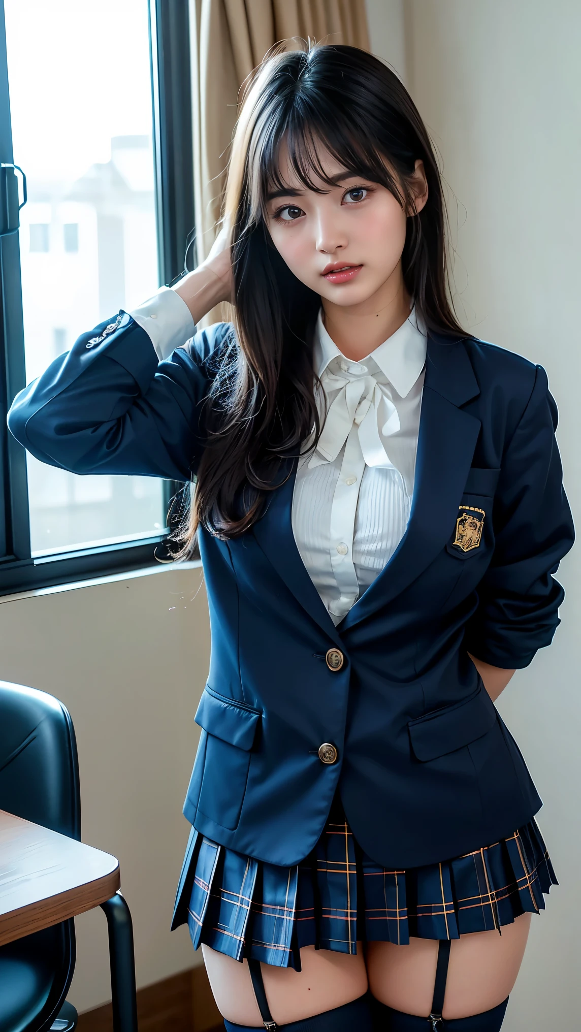 ulzzang-6500-v1.1, (Raw photo:1.2), (Photorealistic:1.4), Beautiful detailed girl, Very detailed eyes and face, Beautiful detailed eyes, Ridiculous, Incredibly ridiculous, Huge file size, Ultra detail, High Definition, Very detailed, Best Quality, Masterpiece, Chemomimi, ((OL Lady's Uniform)), Illustration, Very detailed, CG, Unity, 8k wallpaper, amazing, fine details, masterpiece, best quality, highly detailed cg uniform 8k wallpaper, face lights, movie lighting, , 1 girl, (without panties), (with glasses), ((dynamic pose)), (camel toe), (half), (pantyhose), (pantyhose and legs)), ((knee bending and leg holding)), uniform off, panties and bra